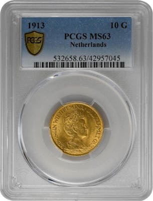 1913 10G Netherlands Gold Guilders PCGS MS63 Gold Coin | Barnebys