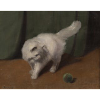 ARTHUR HEYER (GERMAN-HUNGARIAN, 1872-1931). A WHITE CAT PLAYING WITH A BALL.