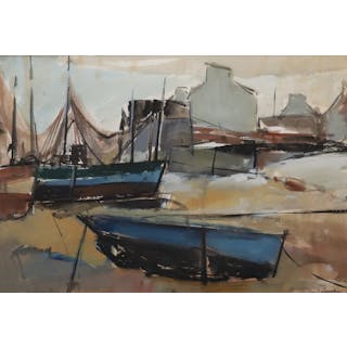 DUTCH SCHOOL, SECOND HALF 20TH CENTURY. FISHING BOATS IN A HARBOUR.