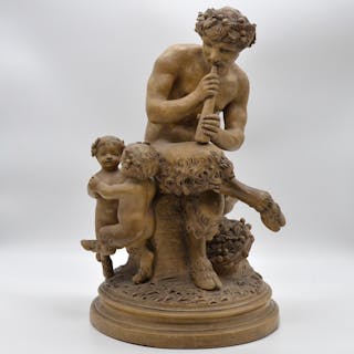 CLAUDE MICHEL CLODION. TERRACOTTA GROUP OF PAN AND TWO INFANT SATYR