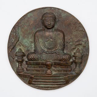 CHINESISCHE PLATTE, SHAKYAMUNI MEDITATION IM GARTEN, BRONZE, 19. JAHRHUNDERT