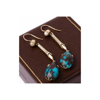 A pair of turquoise and pearl drop earrings