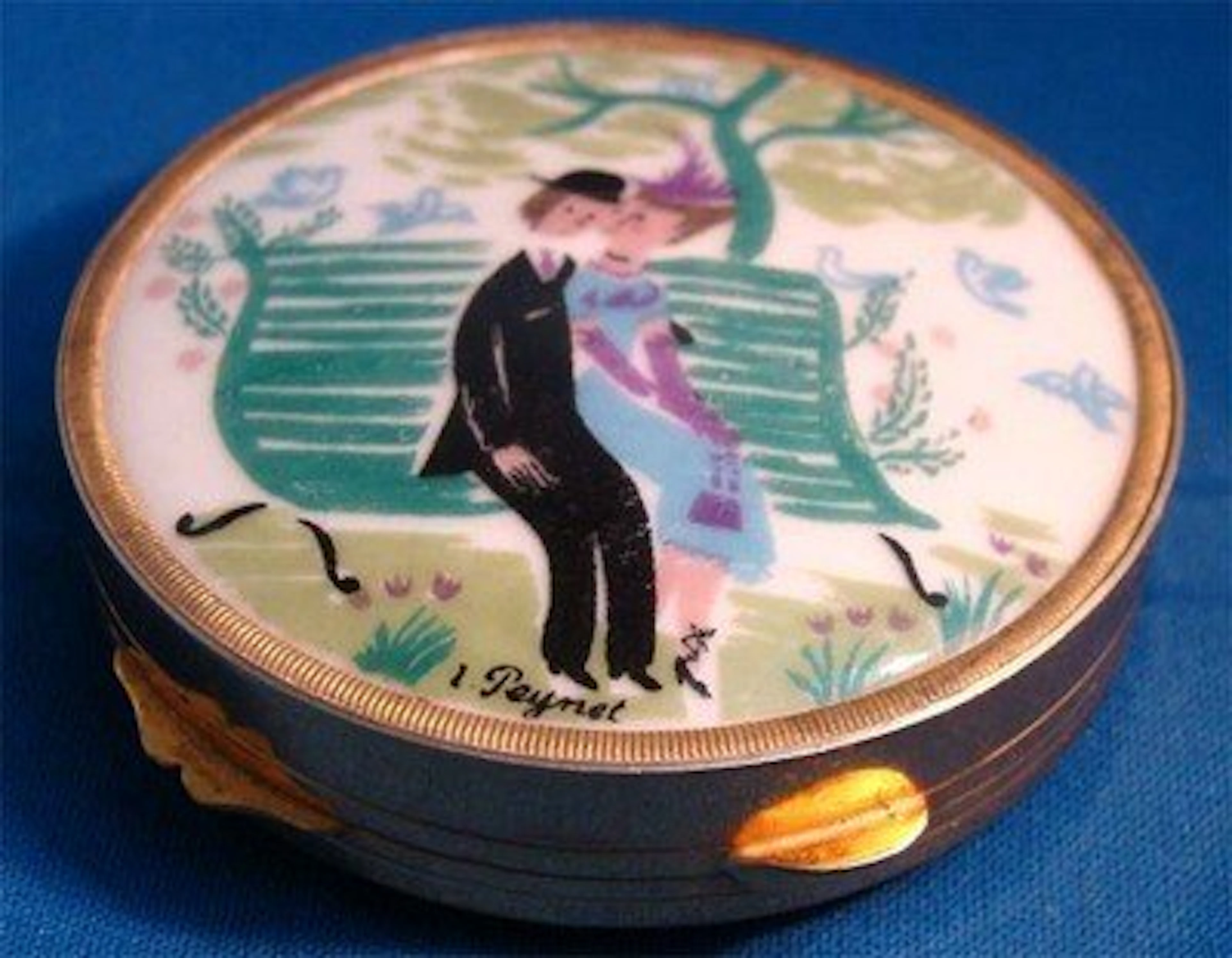 Round Enamel Silver Compact Couple On Park Bench Signed