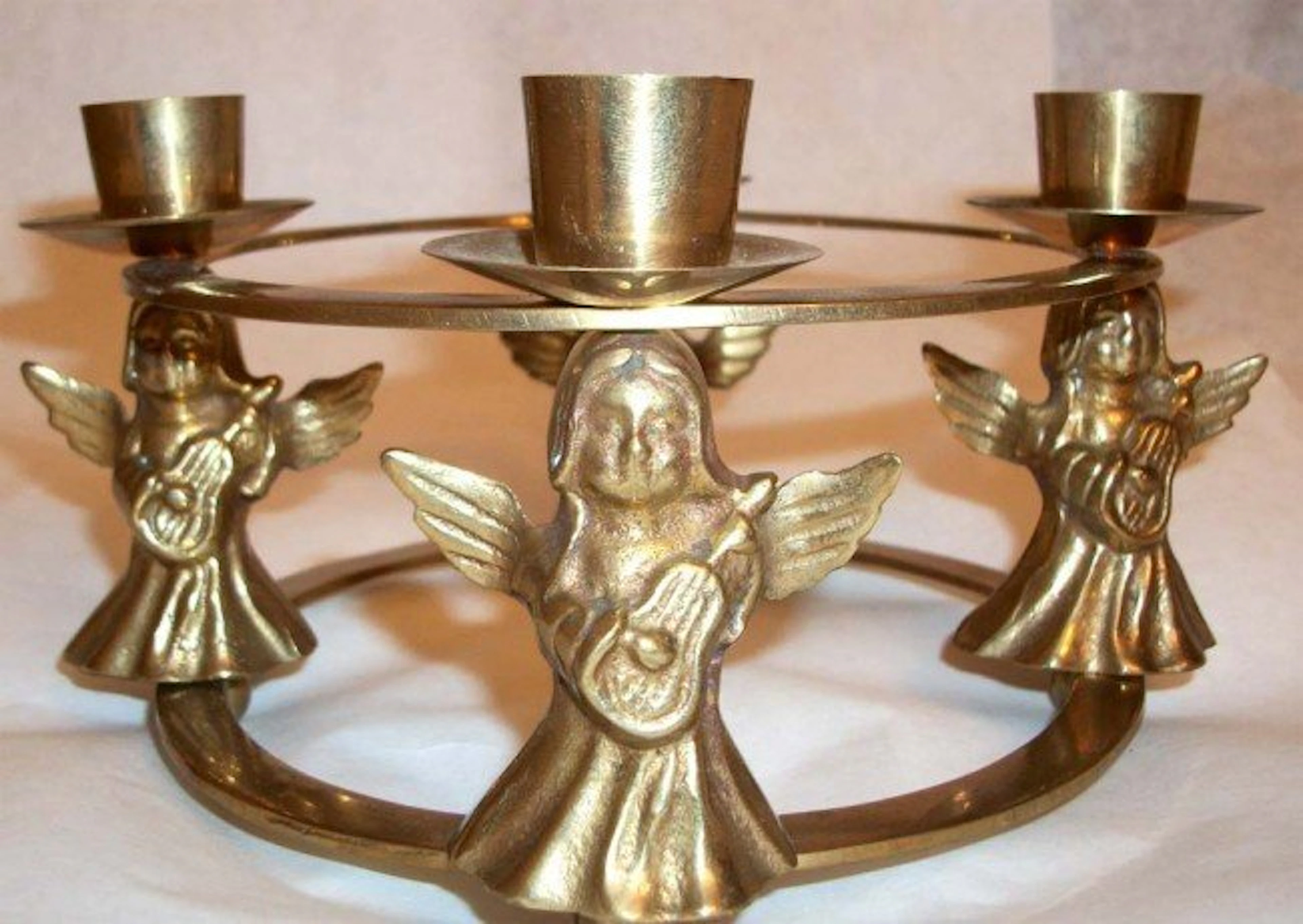 Brass antique candleholders angels playing ukulele
