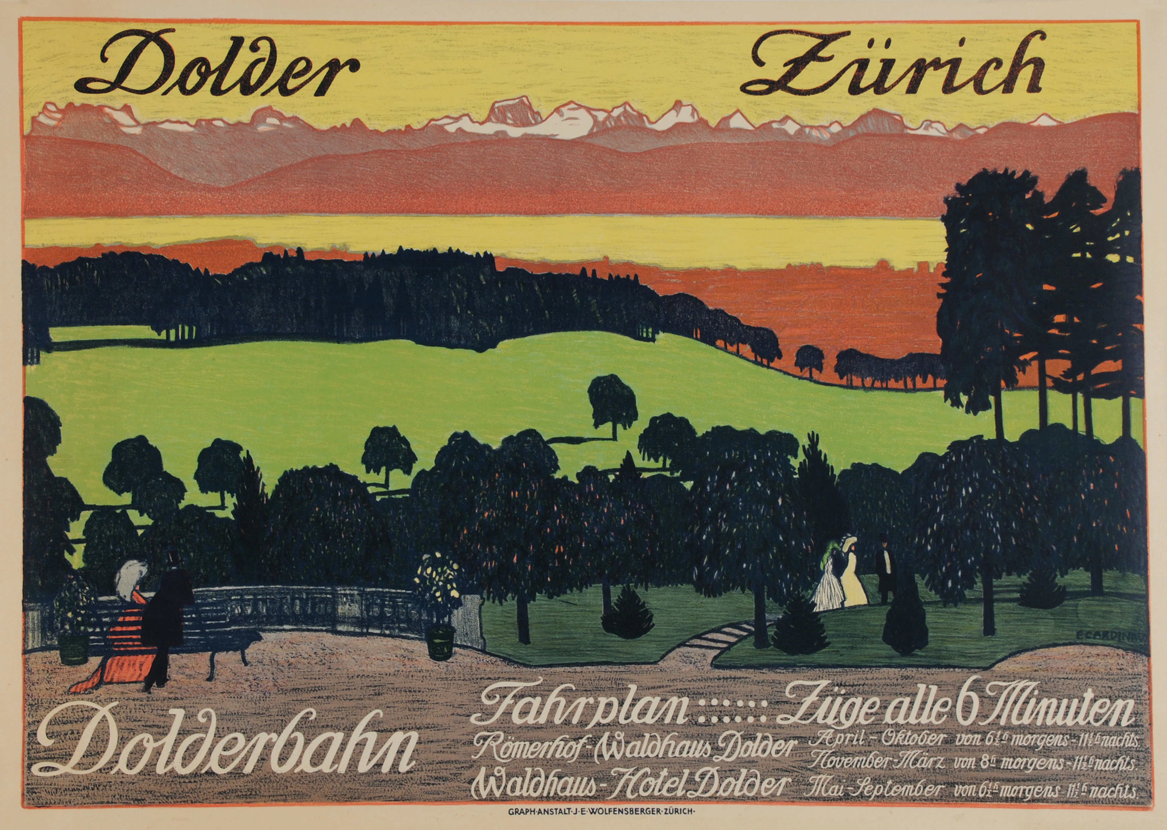 Poster. Dolder Zürich - Dolderbahn Fahrplan, 1909 Emil Cardinaux, 1877-1936 (CH)