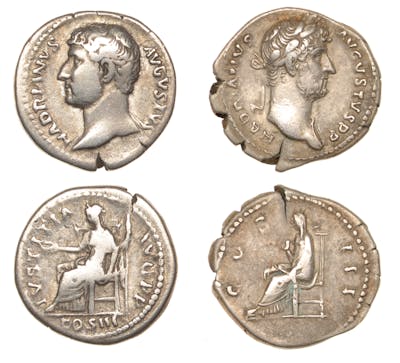Roman Imperial Coinage, Hadrian, Denarii (2), both 128-30, revs ...