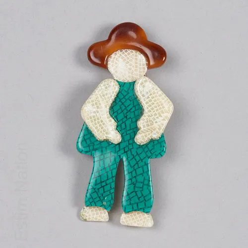 Broche Ancienne LEA STEIN Ronde - Enfant Très Rare - Acétate Plaqué Argent - Occasion Très Bon État