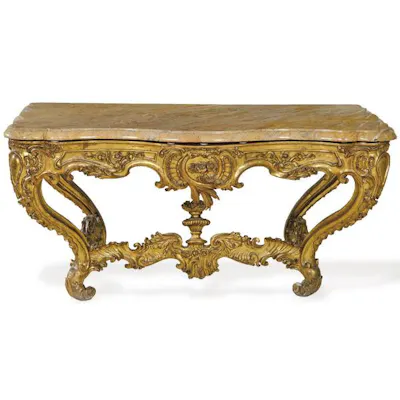 Consola Rococo Consola rococó en madera tallada estucada y dorada | Barnebys