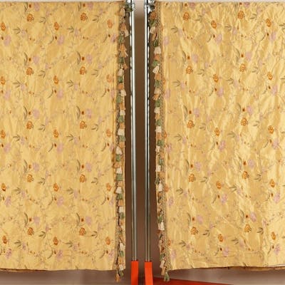Large Pair Custom Embroidered Yellow Silk Drapery Panels