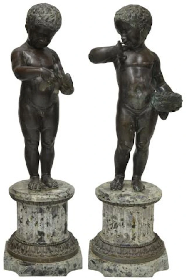(2)LARGE PATINATED GARDEN BRONZES, PUTTI ON MARBLE
