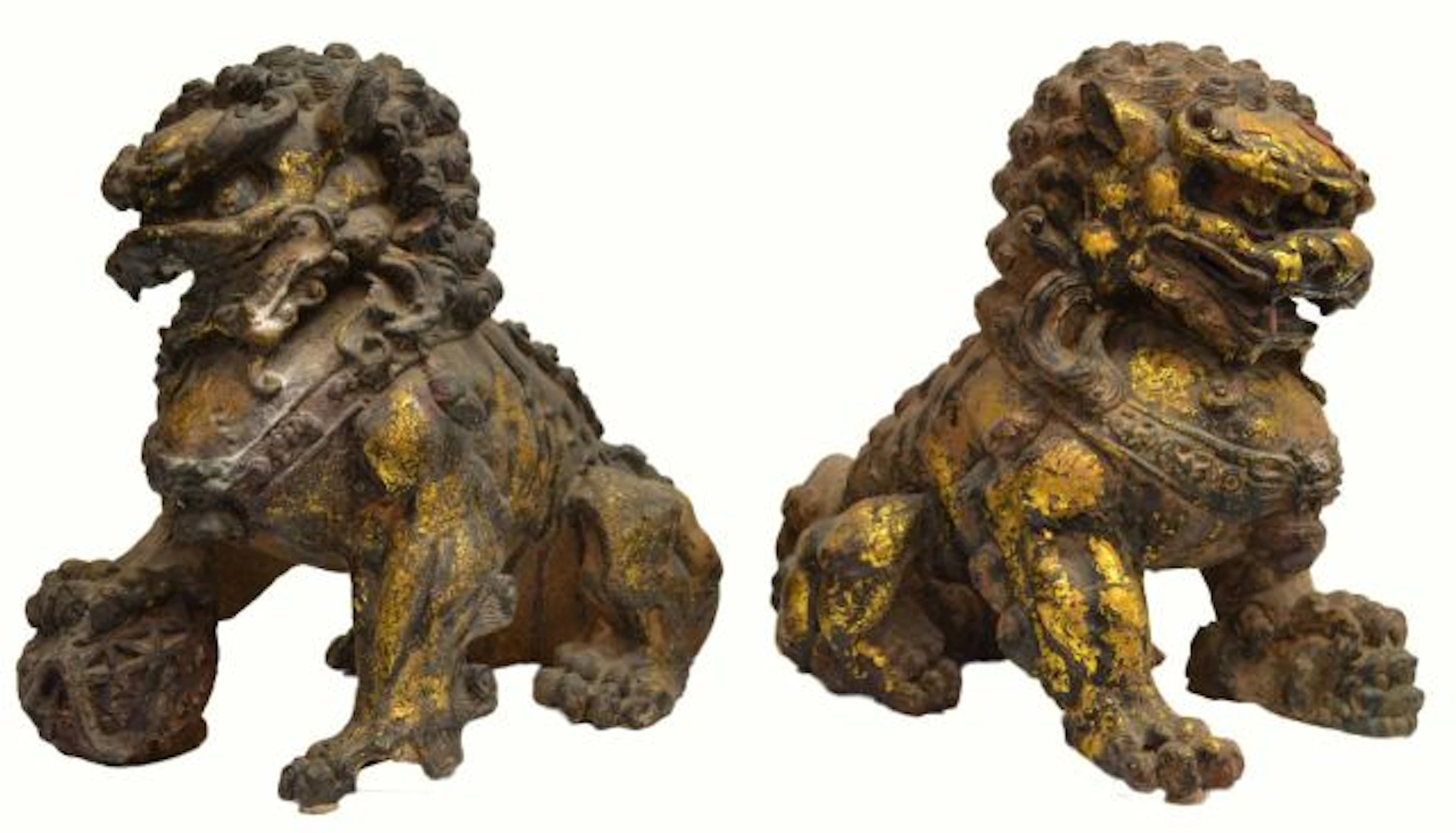 PAIR CHINESE PARCEL GILT CAST IRON FOO LIONS