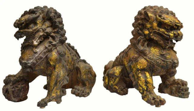 PAIR CHINESE PARCEL GILT CAST IRON FOO LIONS