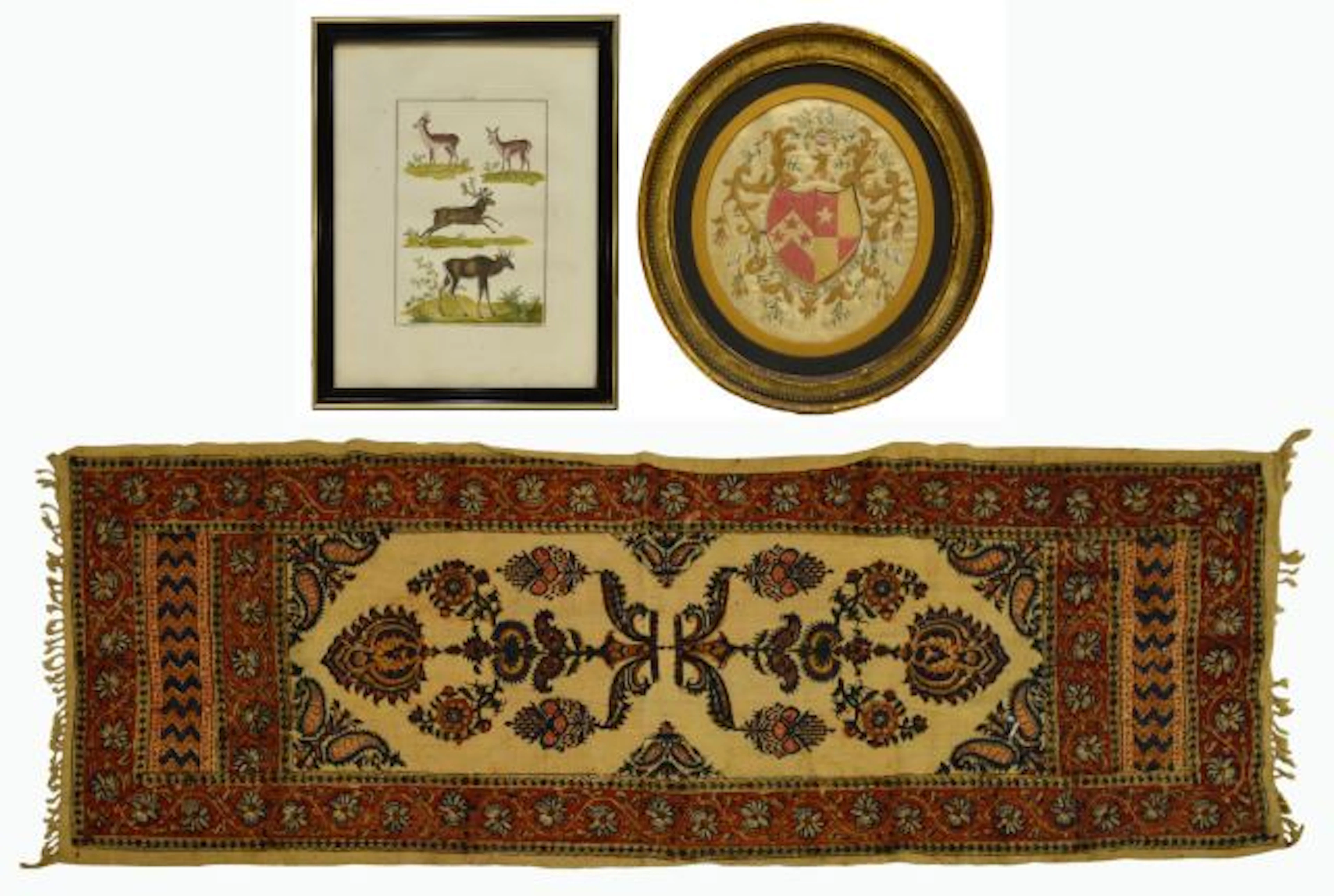 (3) ANTIQUE EMBROIDERED SILK, COLORED ENGRAVING