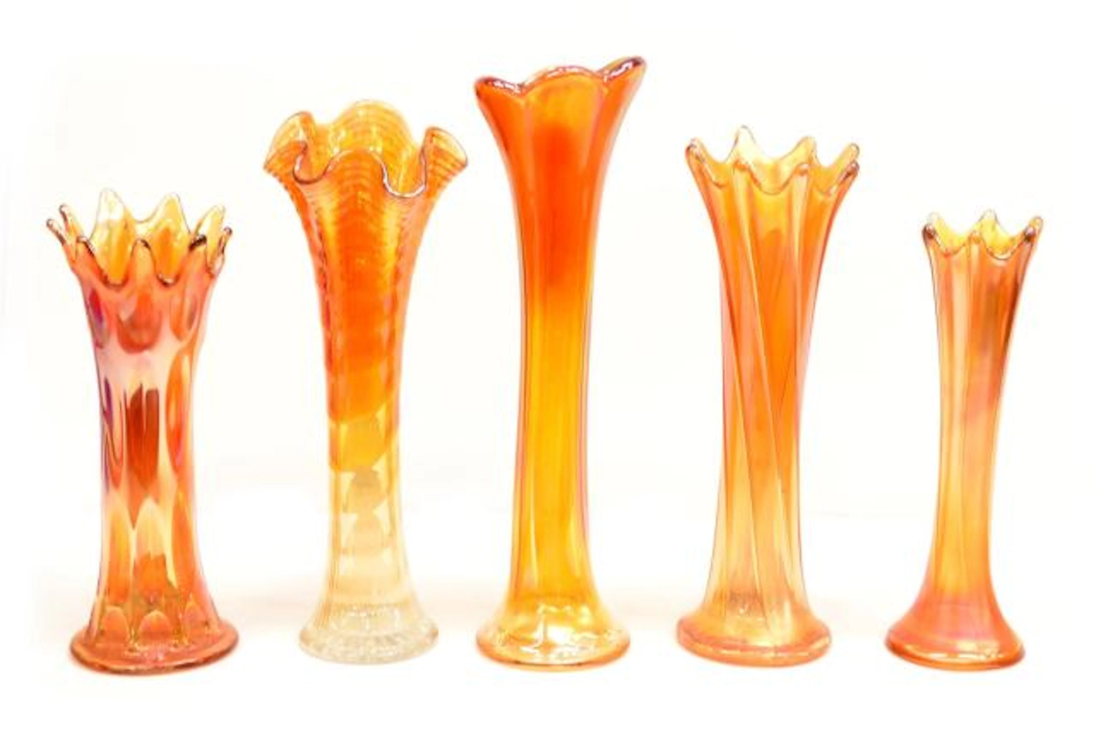 (5) VINTAGE IRIDESCENT MARIGOLD TREE TRUNK VASES