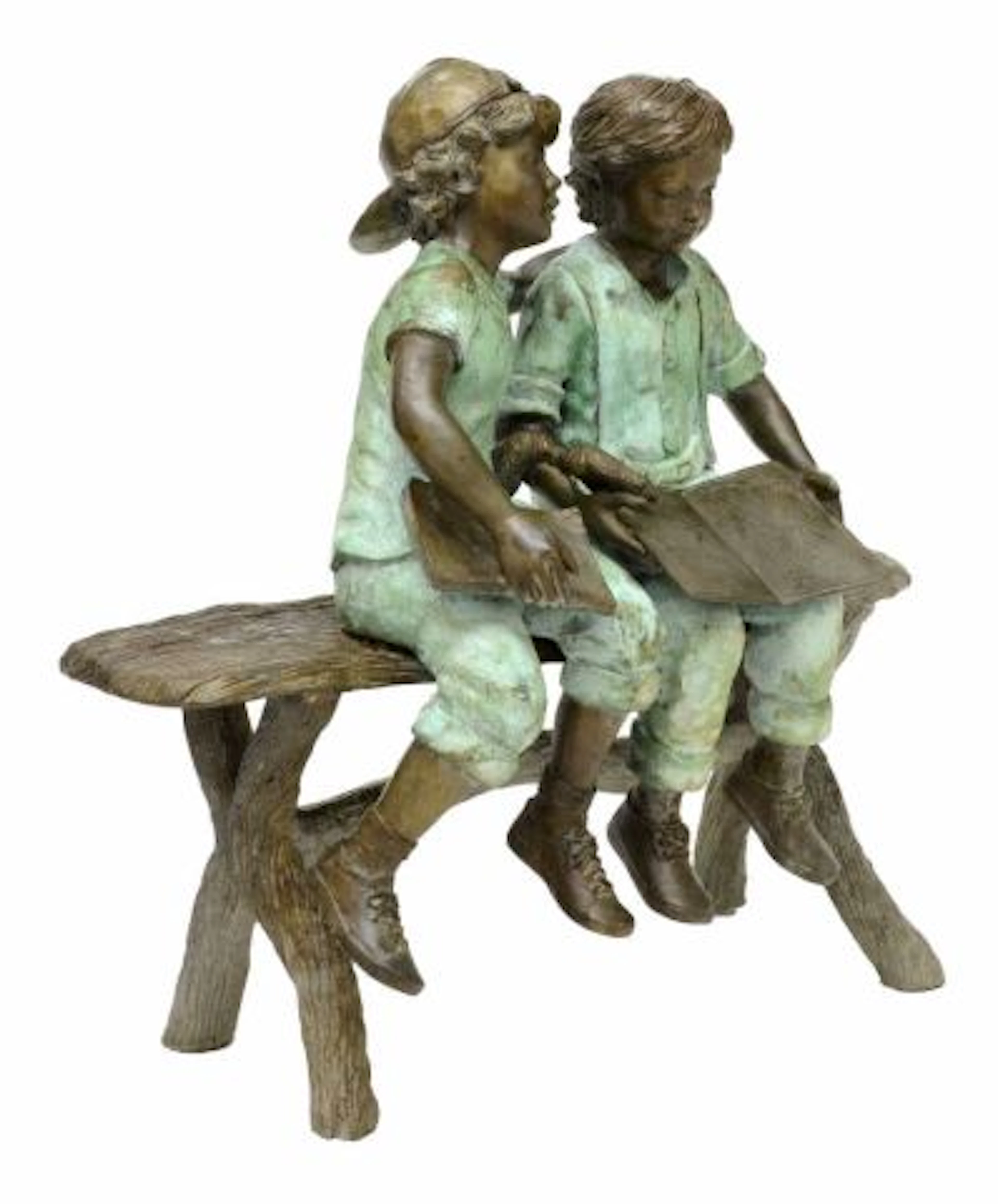 BRONZE SCULPTURE, BOYS READING ON PARK BENCH