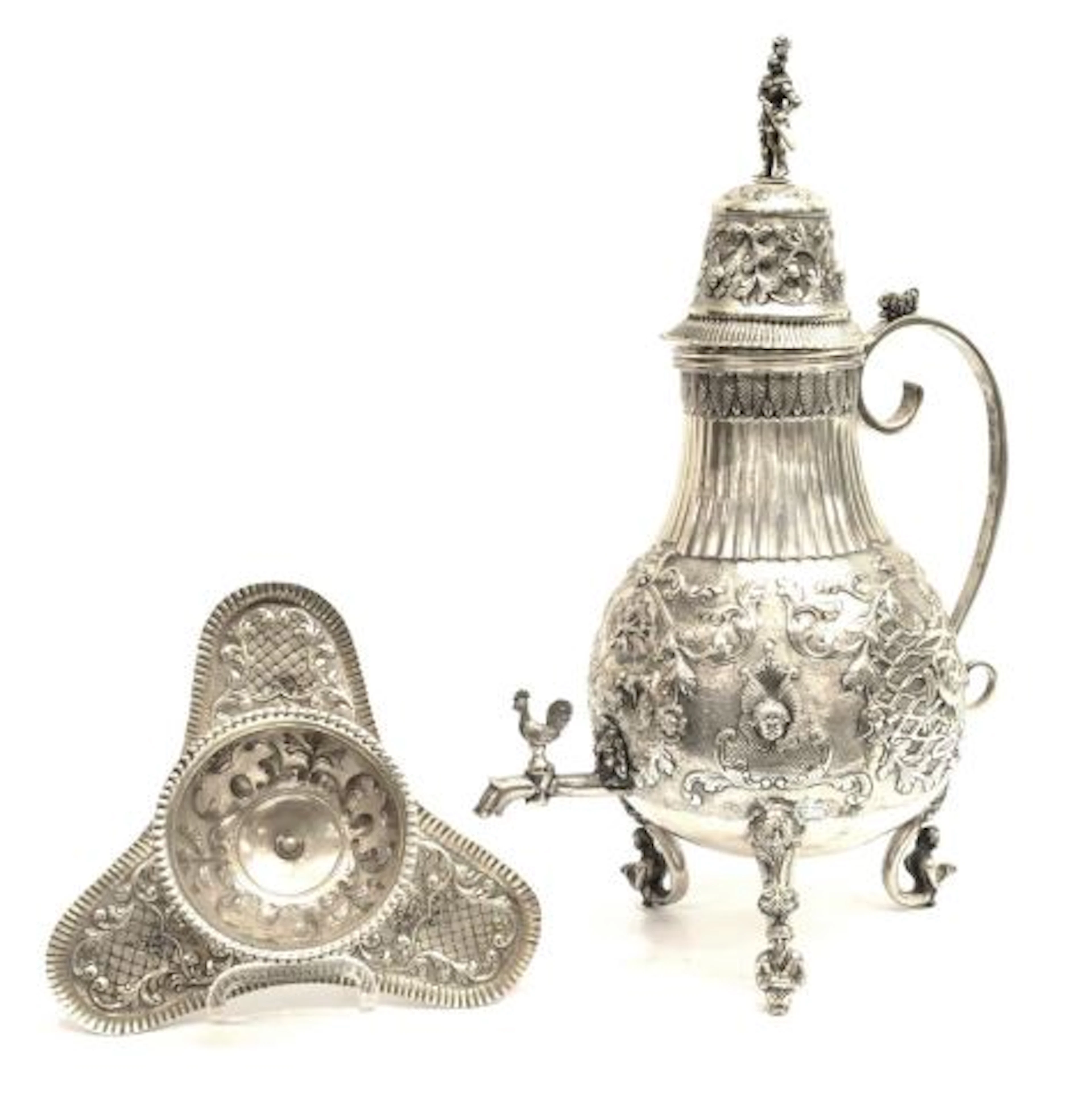 (2) ANTIQUE DUTCH REPOUSSE SILVER COFFEE URN
