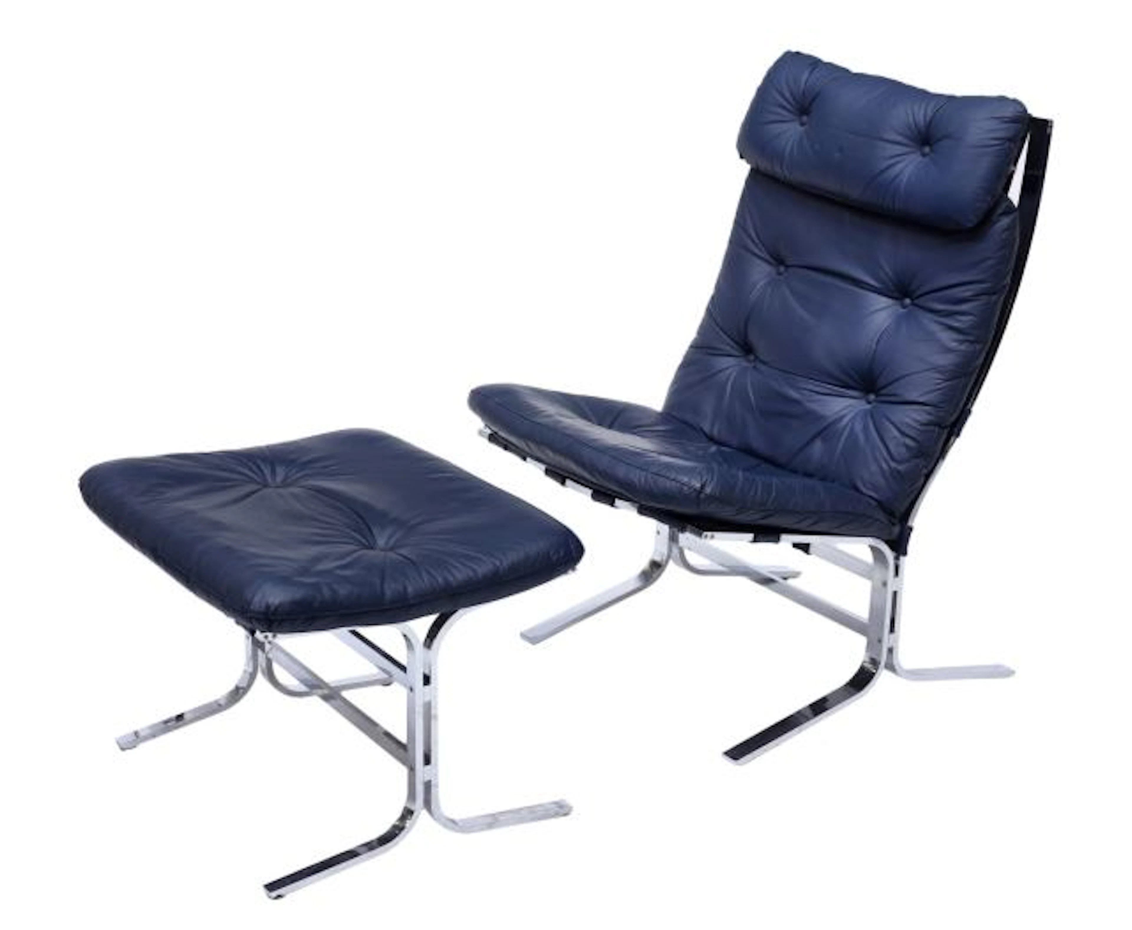 BARCELONA STYLE LEATHER & CHROME CHAIR & OTTOMAN