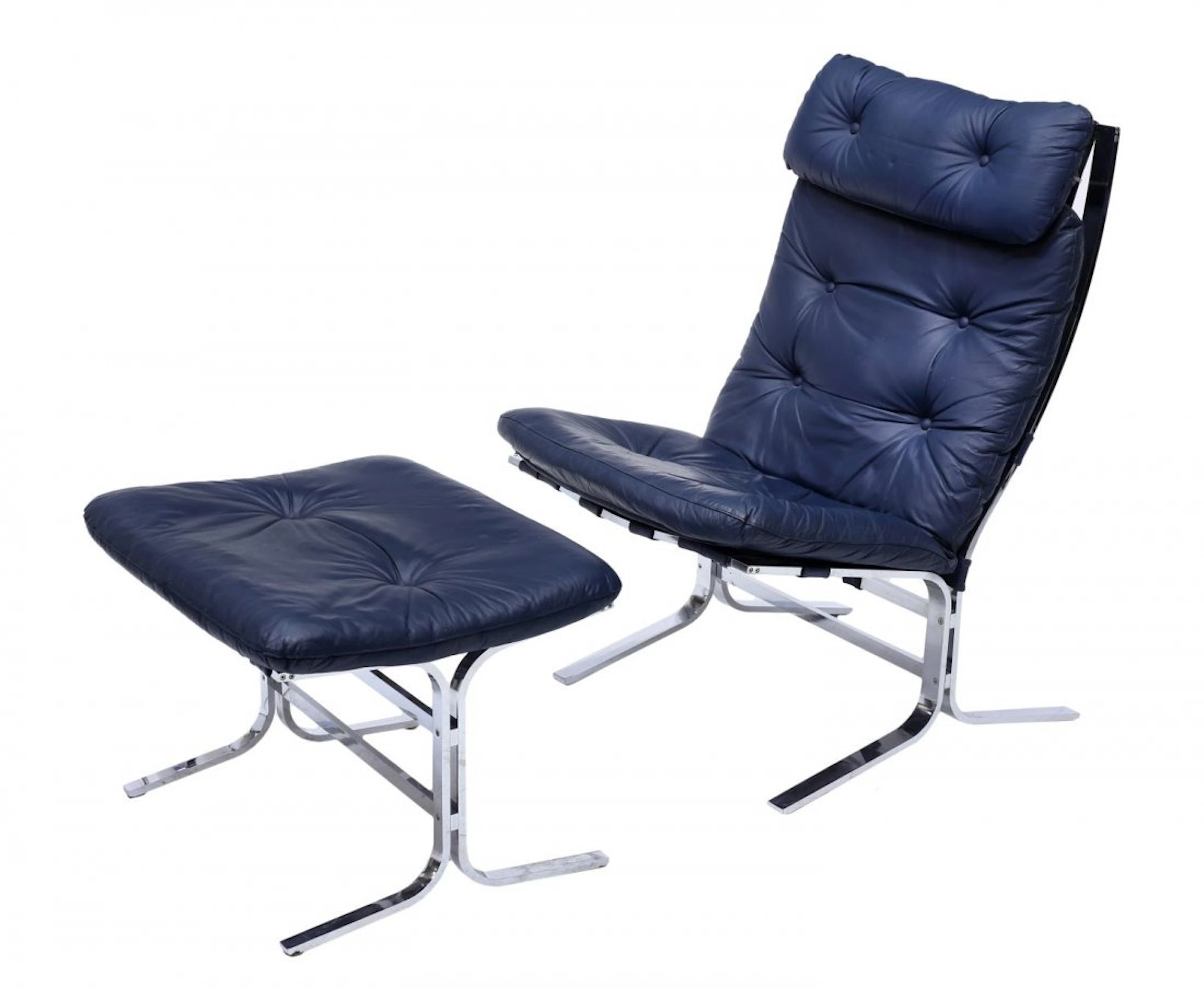 BARCELONA STYLE LEATHER & CHROME CHAIR & OTTOMAN