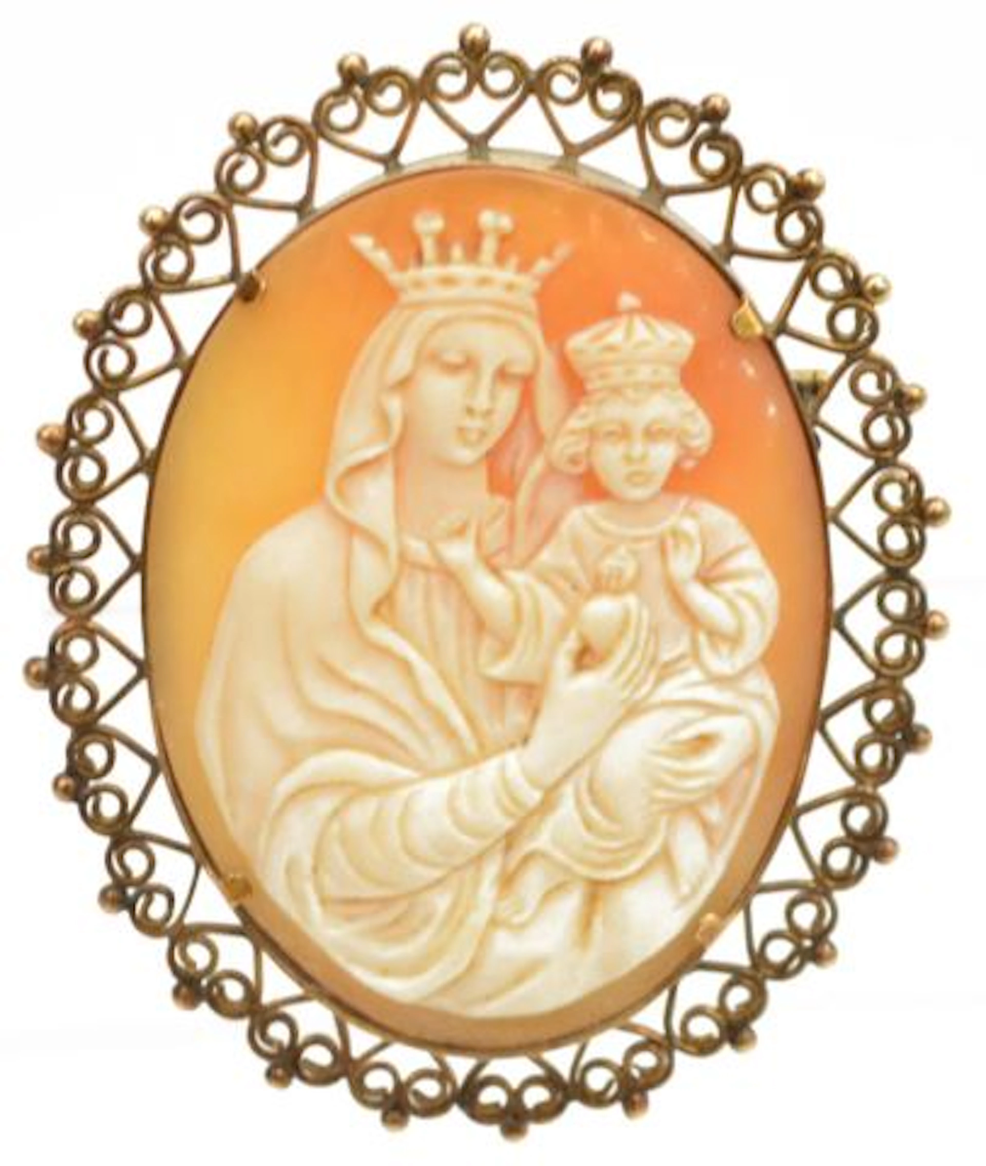 ANTIQUE MADONNA & CHILD CAMEO SHELL BROOCH
