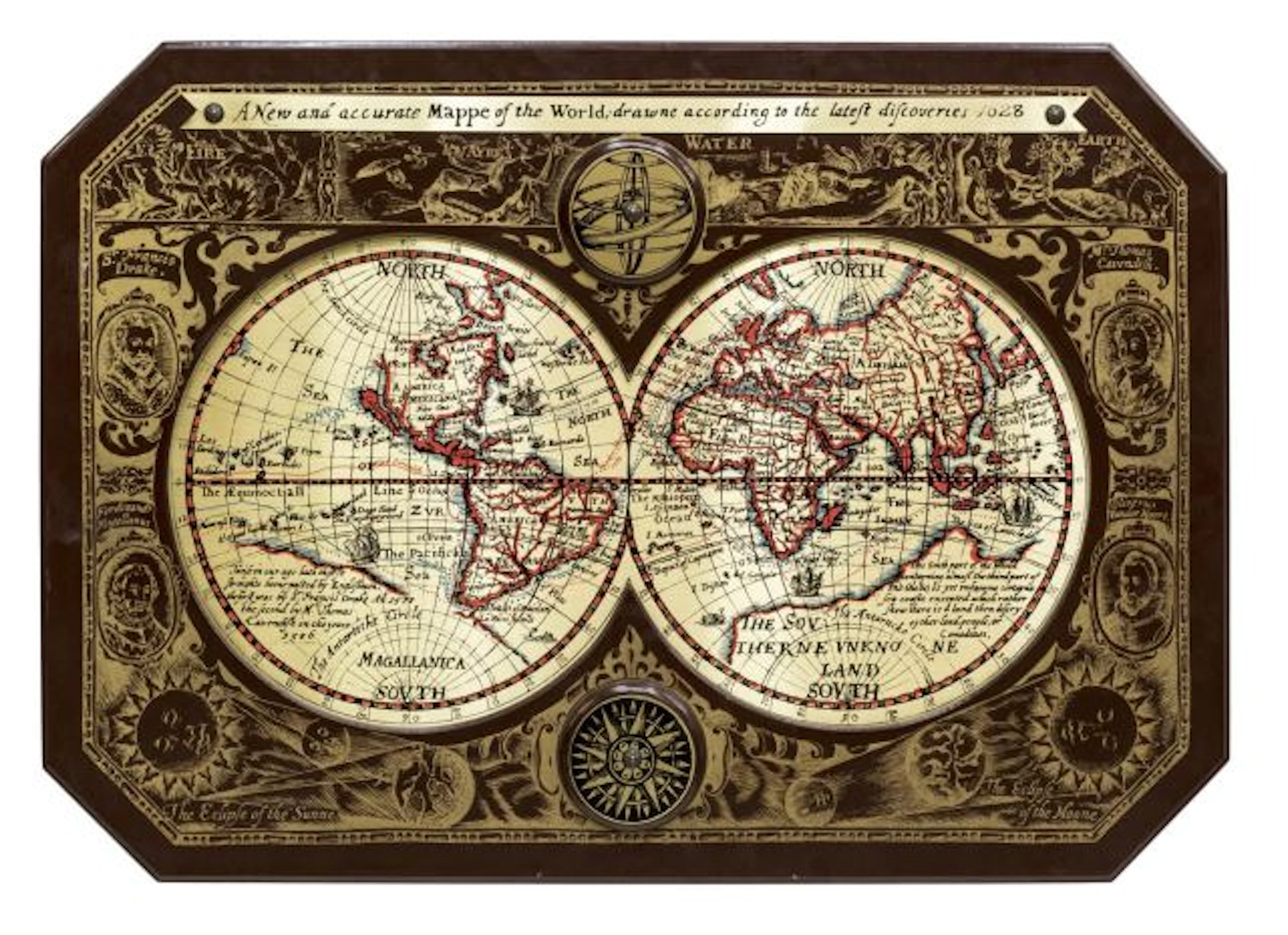 WOOD & BRASS PLATED DOUBLE HEMISPHERE WORLD MAP