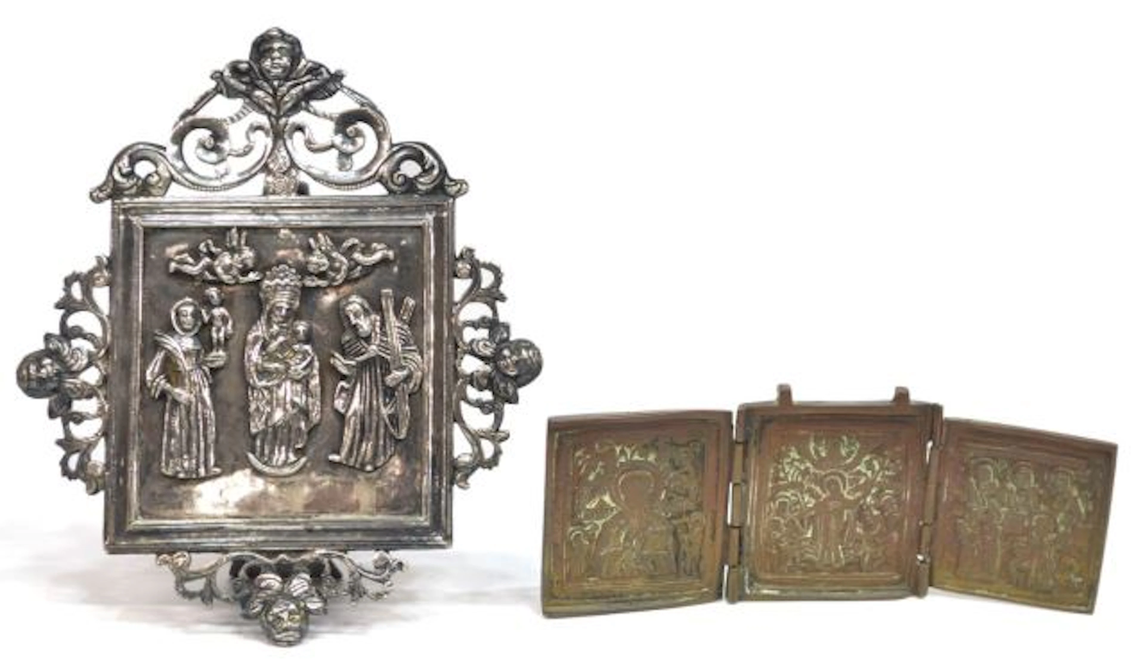 (2) RUSSIAN BRONZE TRIPTYCH & SILVER STANDING ICON