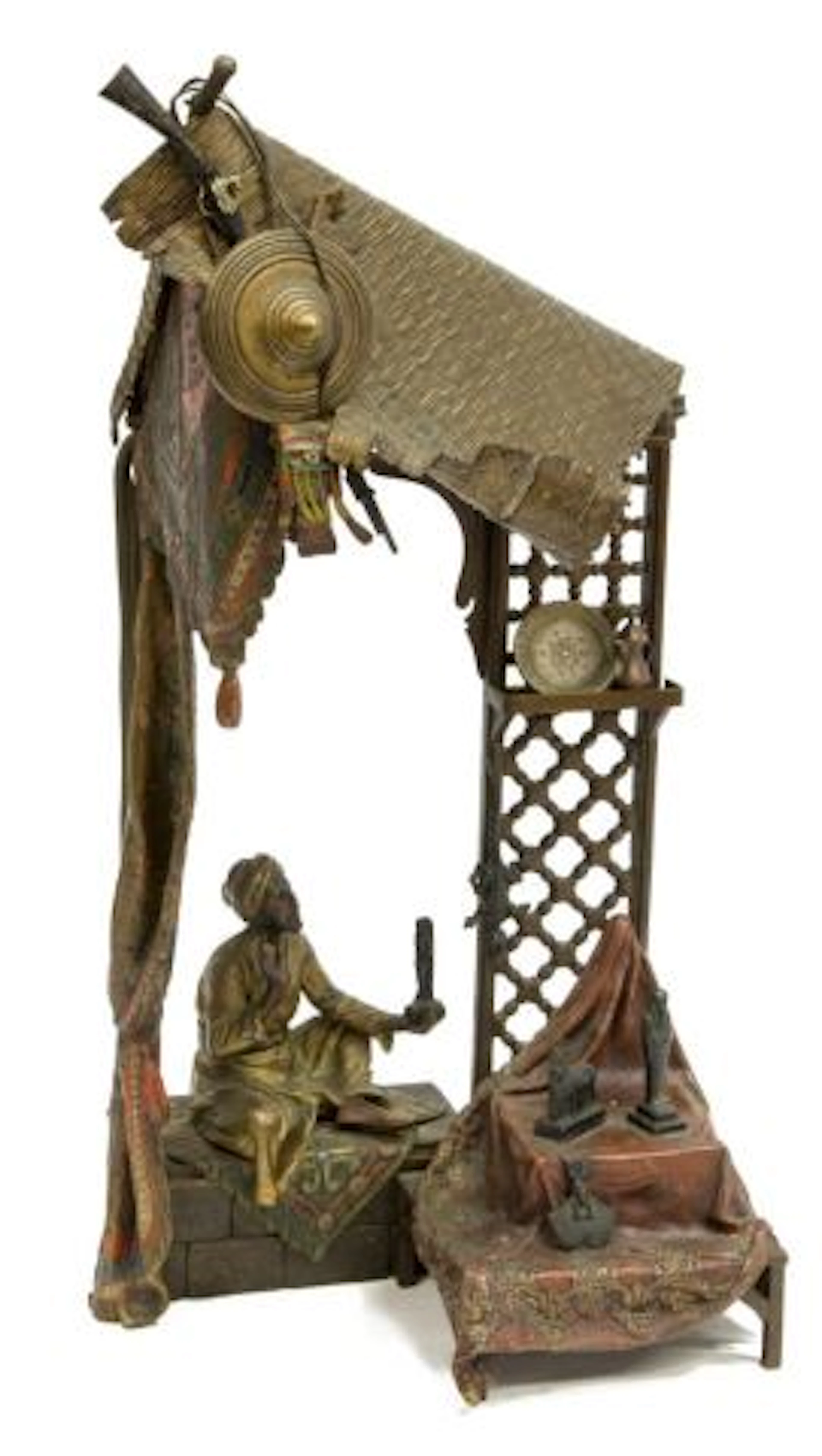 FRANZ BERGMAN BRONZE ANTIQUES SELLER LAMP, 15"H