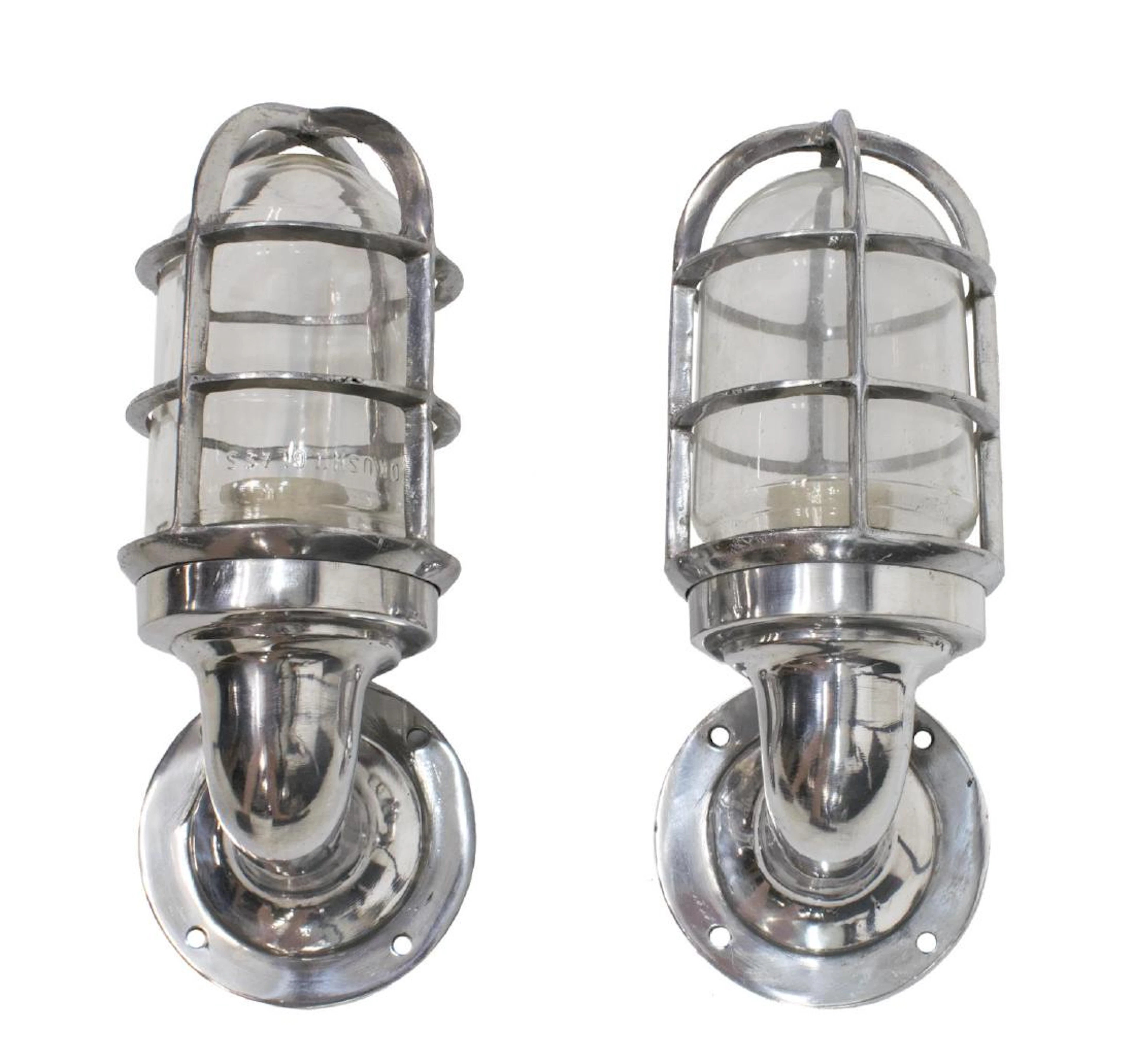 (2) industrial style caged aluminum wall sconces