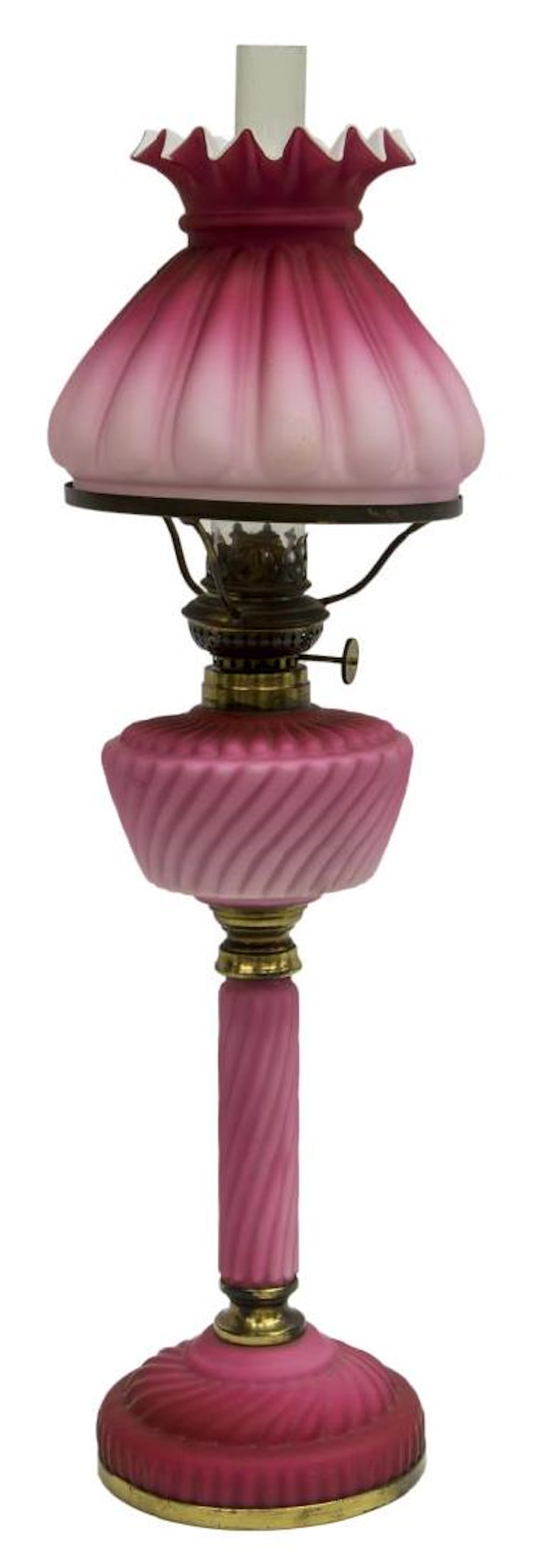 Victorian pink cased satin art glass oil lamp