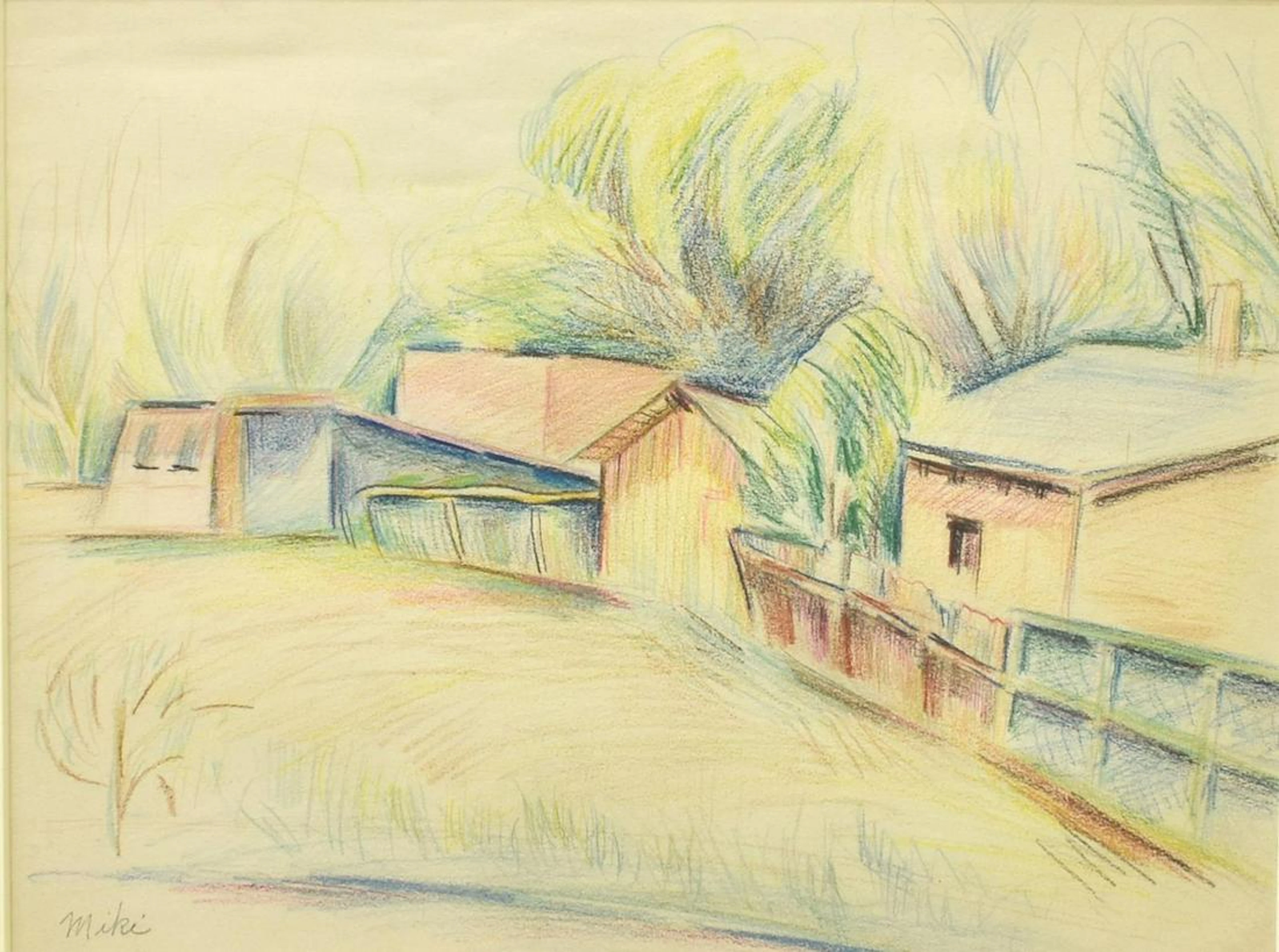 Miki hayakawa (d.1953) drawing w/ houses & trees