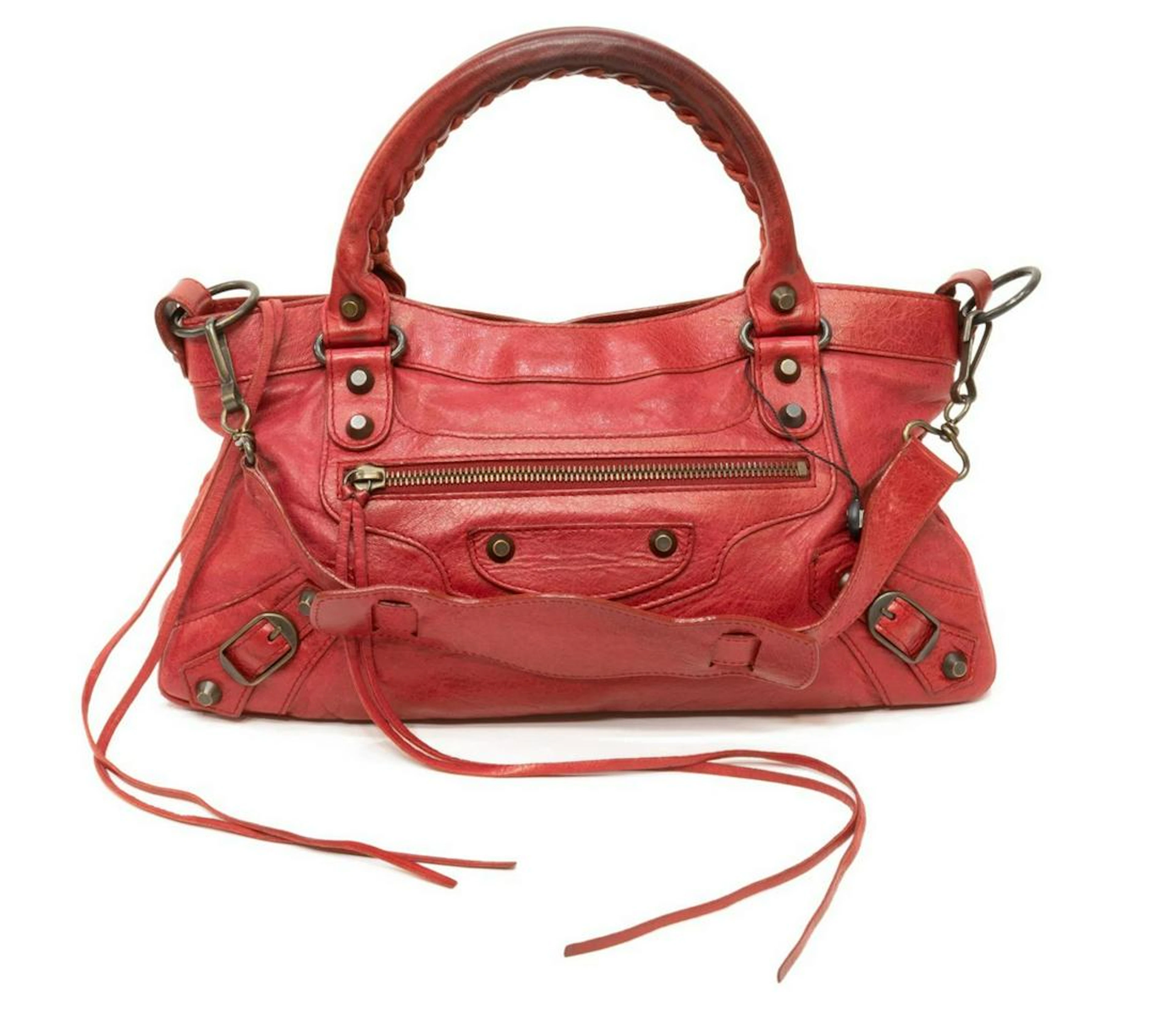 BALENCIAGA 'MOTOCROSS' RED ARENA LEATHER HANDBAG