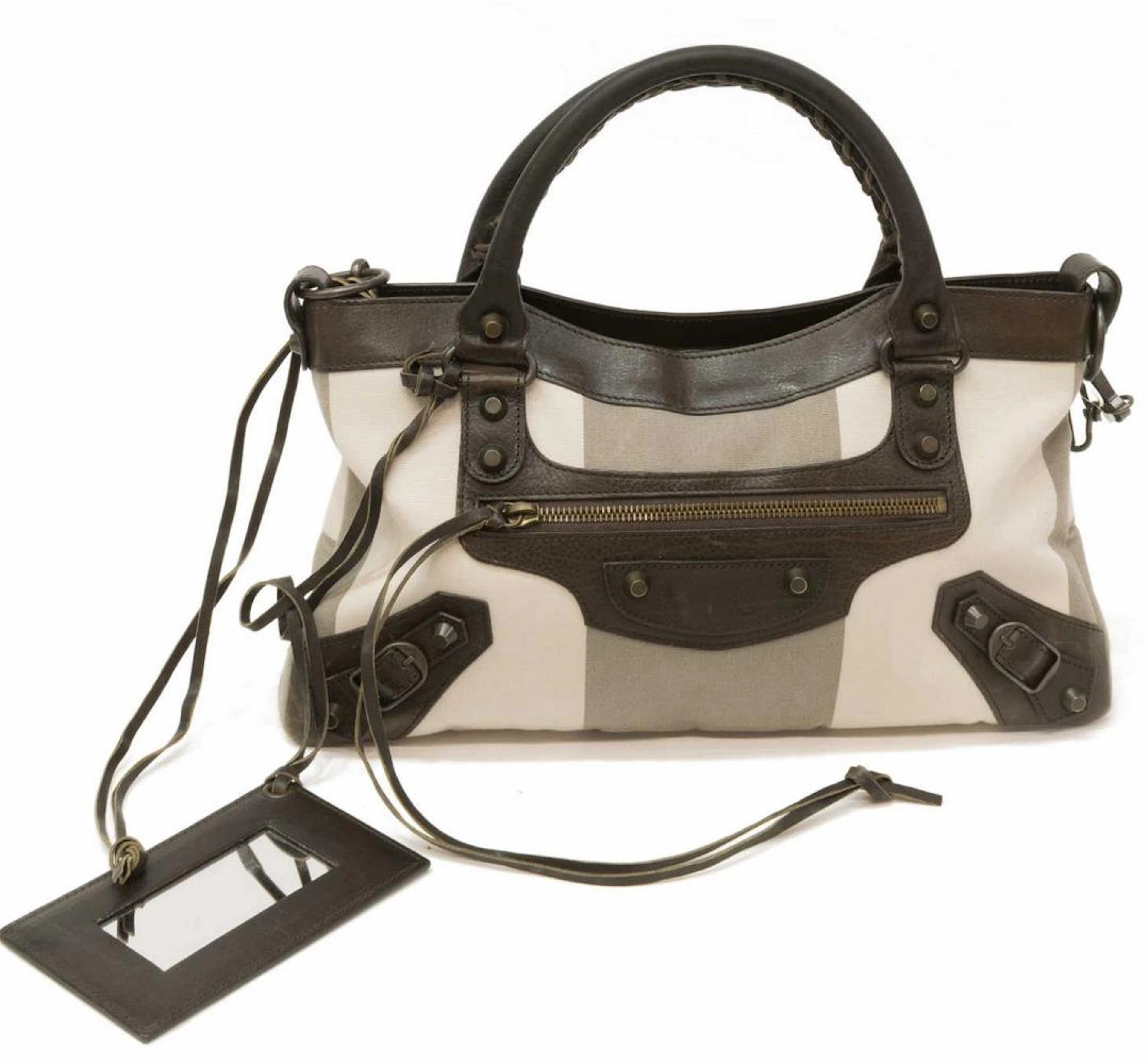 BALENCIAGA 'MOTOCROSS' STRIPED CANVAS HANDBAG