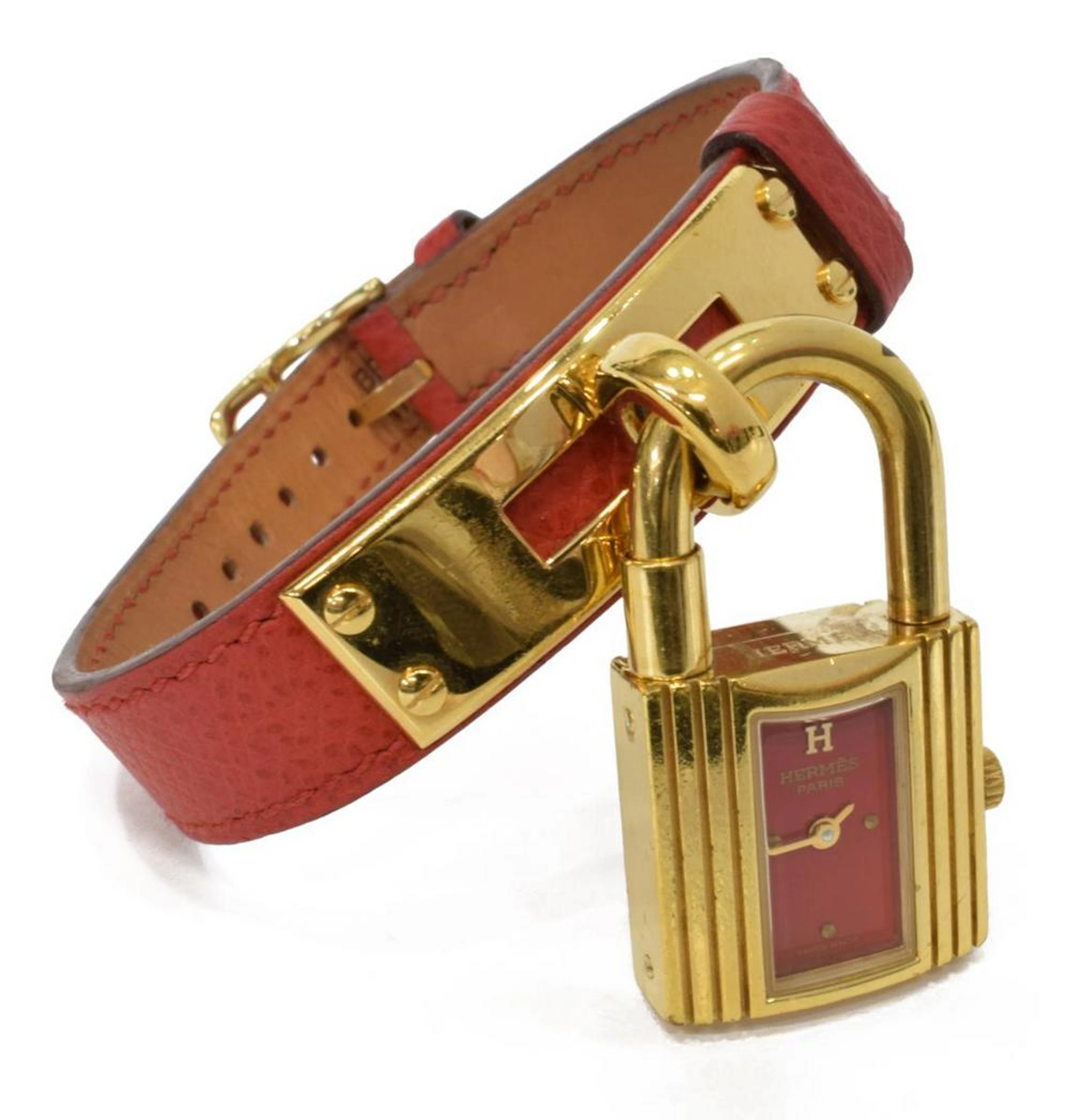 HERMES RED LEATHER & GILT 'KELLY' WRISTWATCH