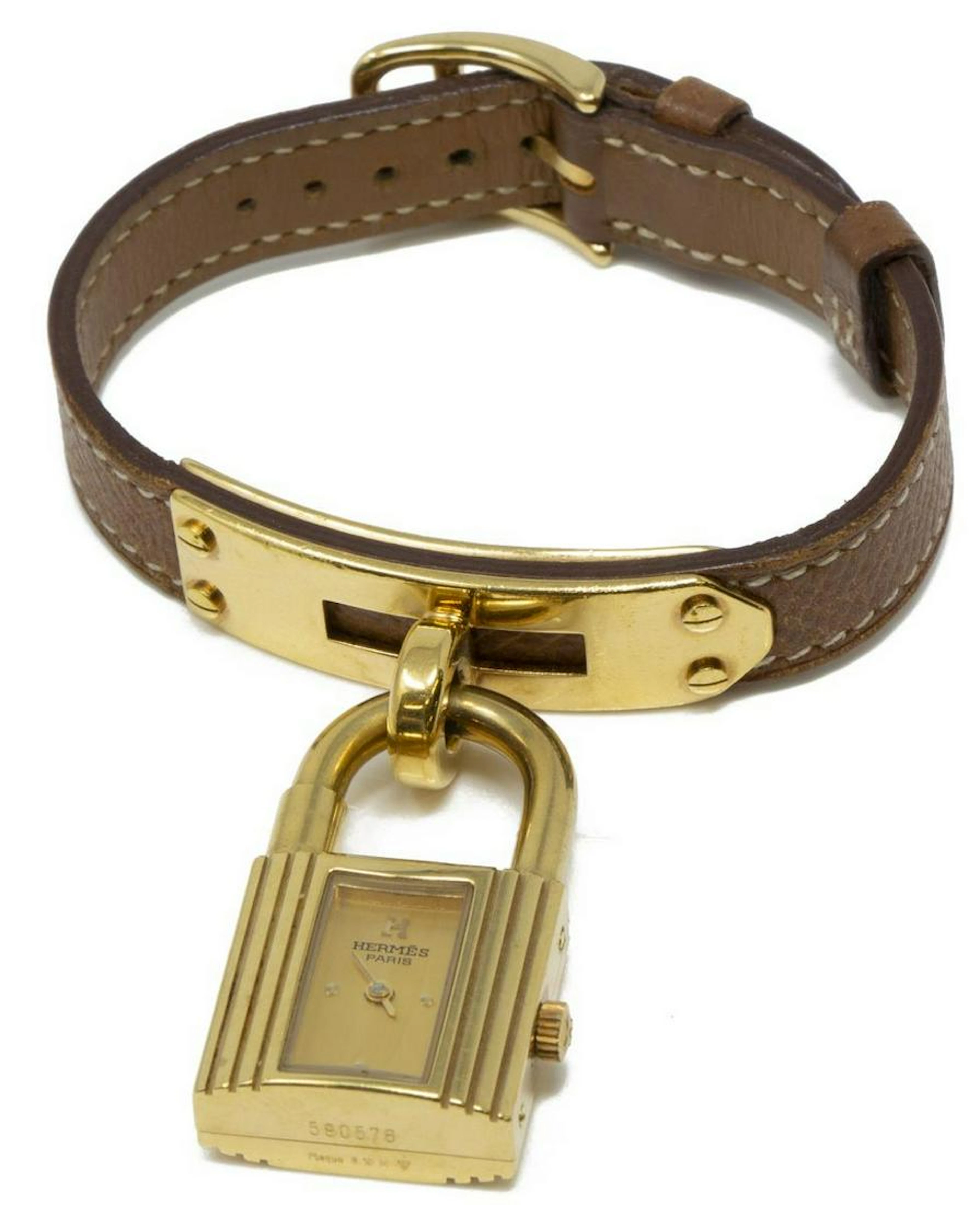 HERMES 'KELLY' LOCK WATCH ON BROWN LEATHER STRAP