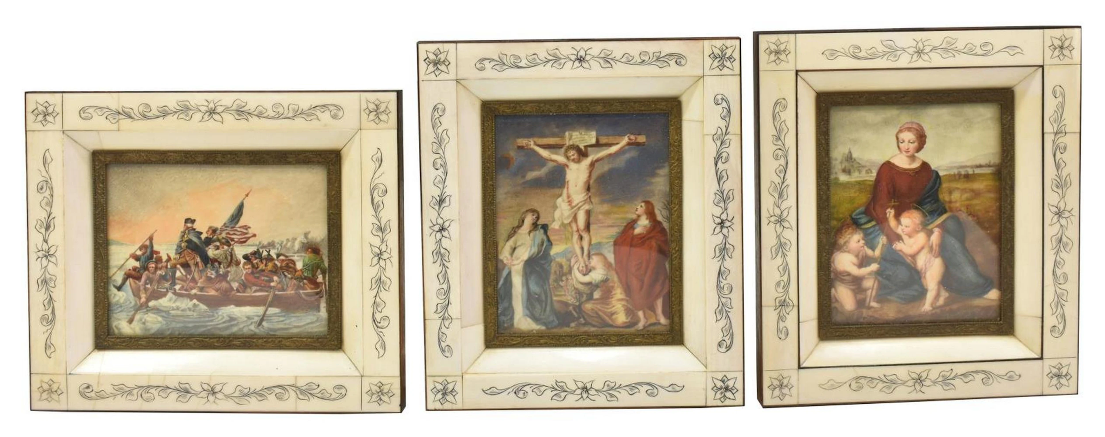 3) FRAMED MINIATURE PAINTINGS MADONNA, CRUCIFIXIO