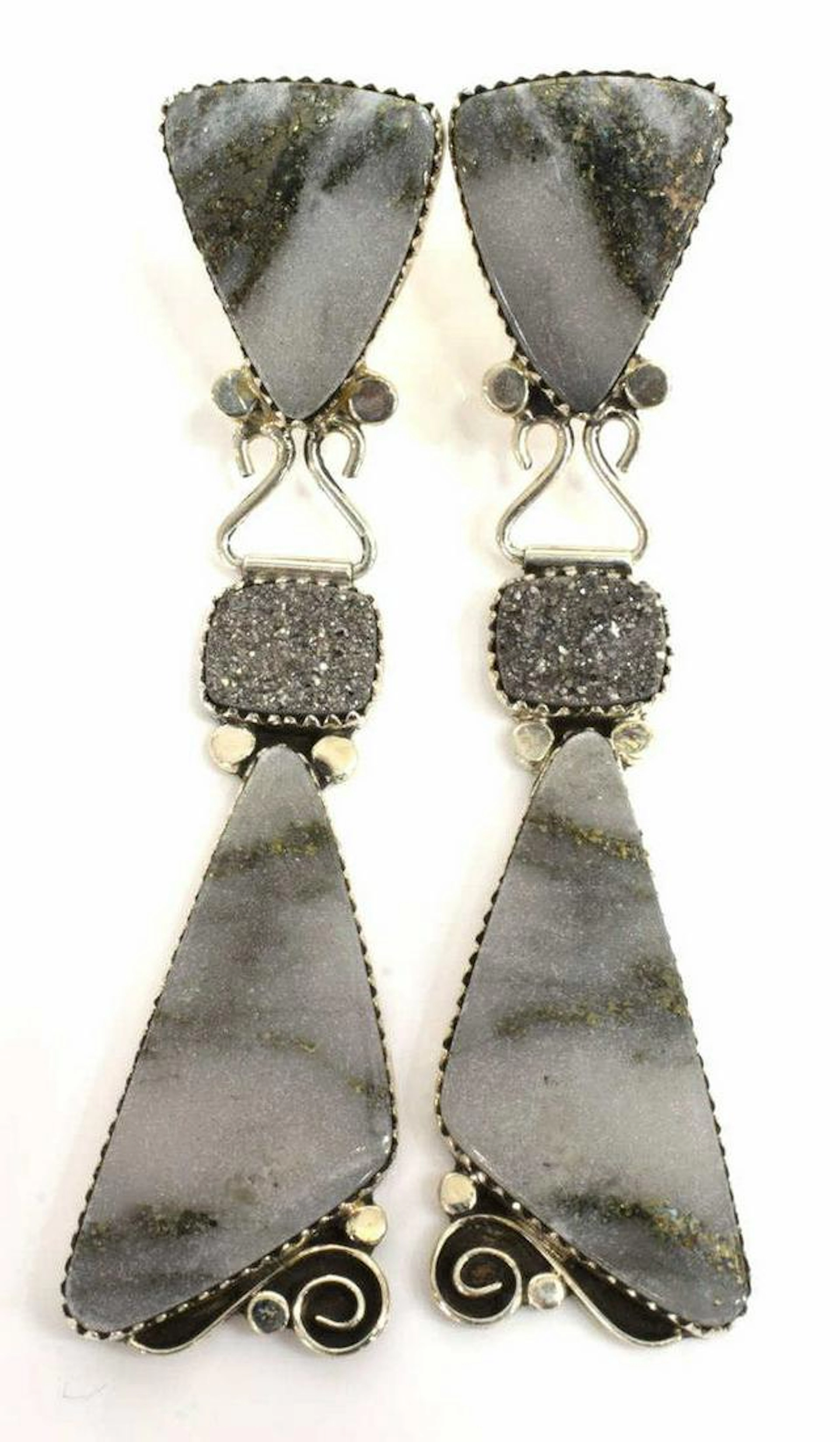 ESTATE SIGNED 925 PYRITE QUARTZ DRUZY EARRINGS