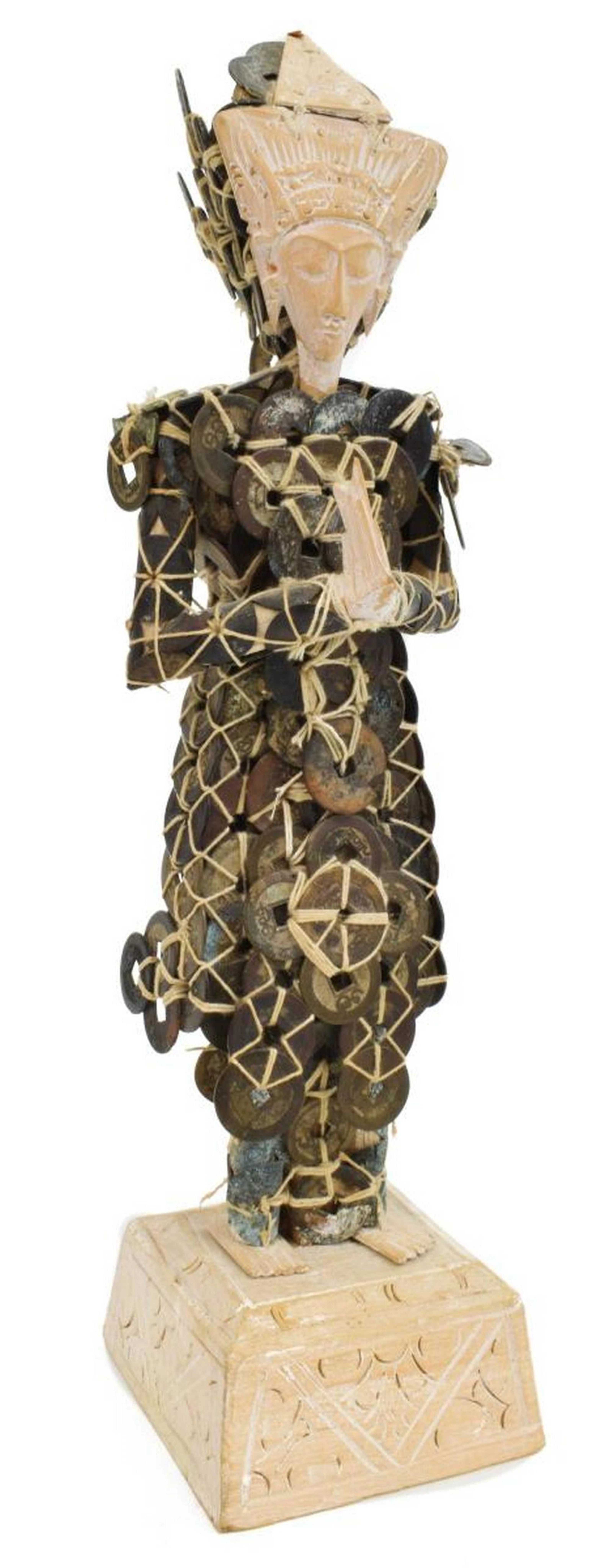 INDONESIAN CARVED WOOD & COINS FIGURE