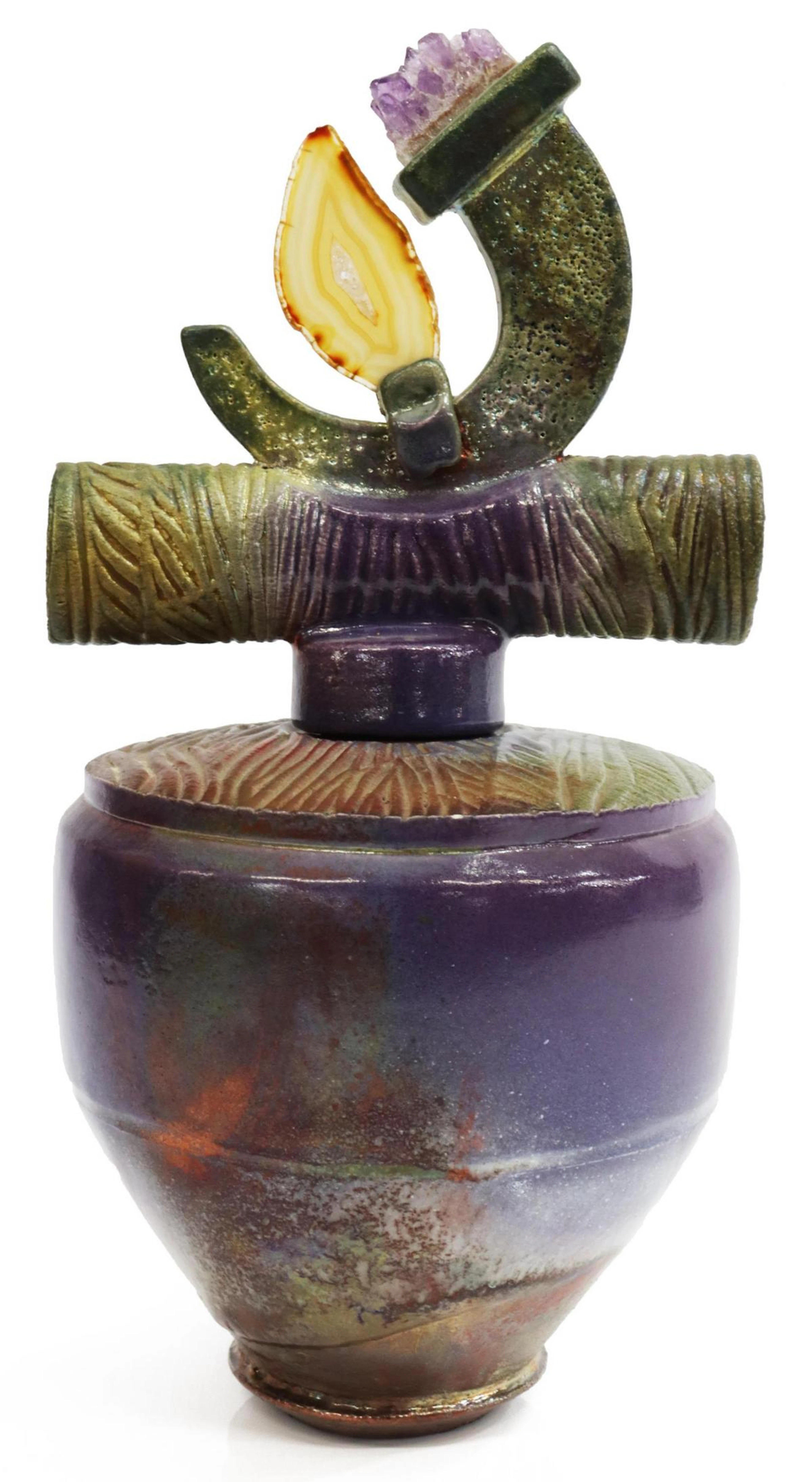 RAKU FIRED ART POTTERY & GEMS MOUNTED DREAM JAR