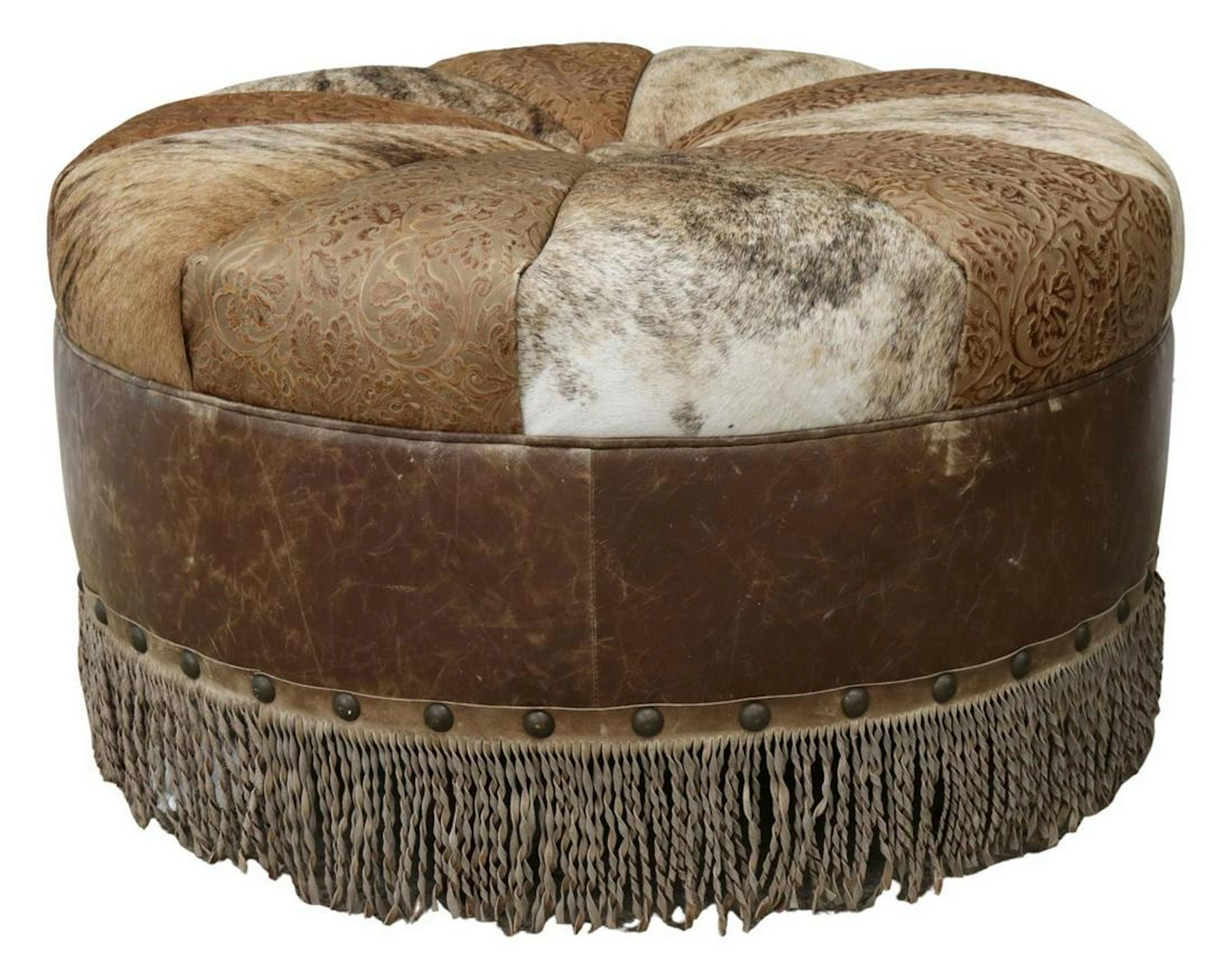 LARGE WESTERN COWHIDE & LEATHER OTTOMA