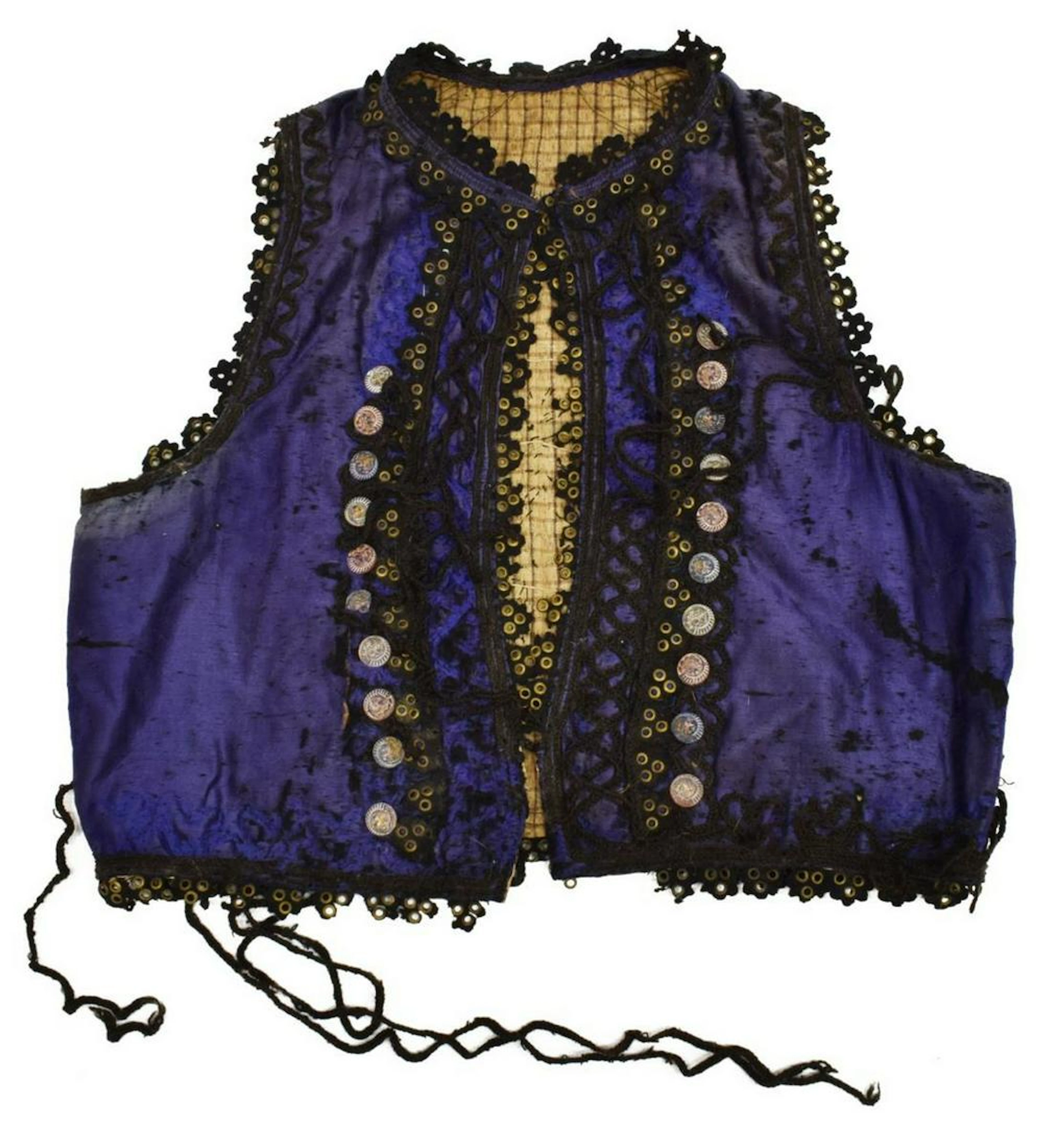 ANTIQUE BLUE SILK VEST W/ BRAIDED CORD TRIM