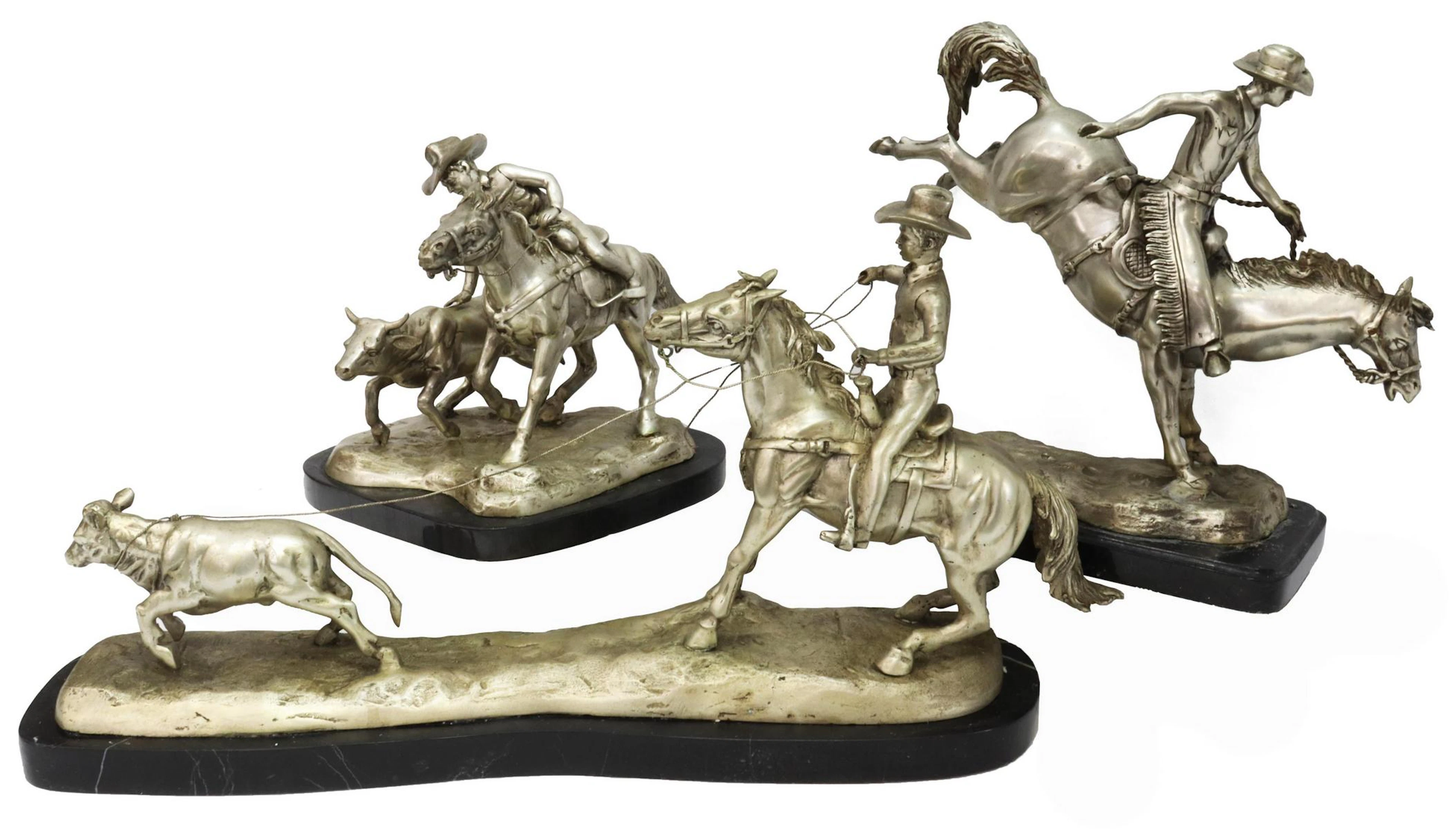 (3) SILVERED BRONZE WESTERN SCULPTURES