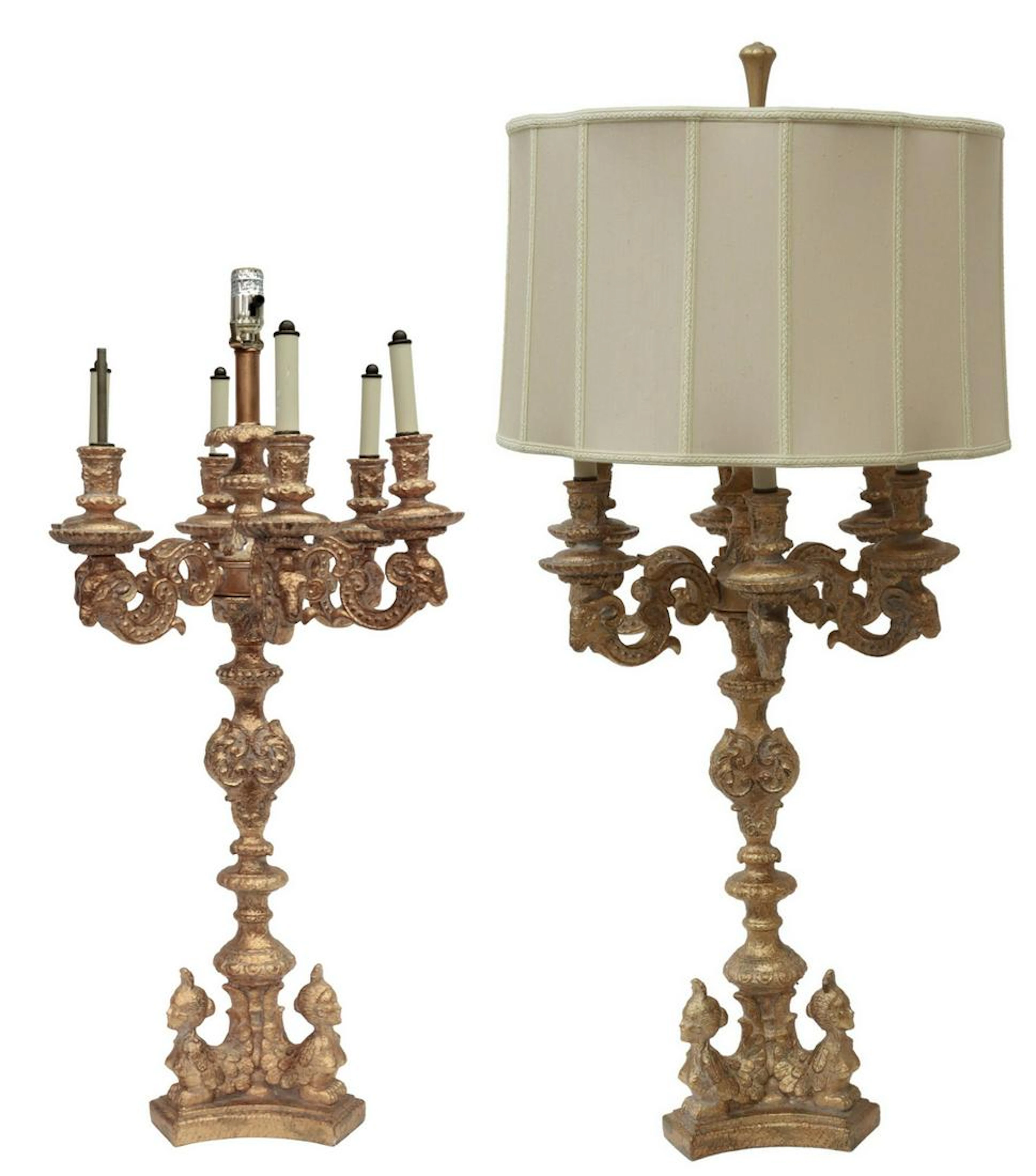 (2) JOHN RICHARDS GILT CANDELABRA-FORM TABLE LAMPS