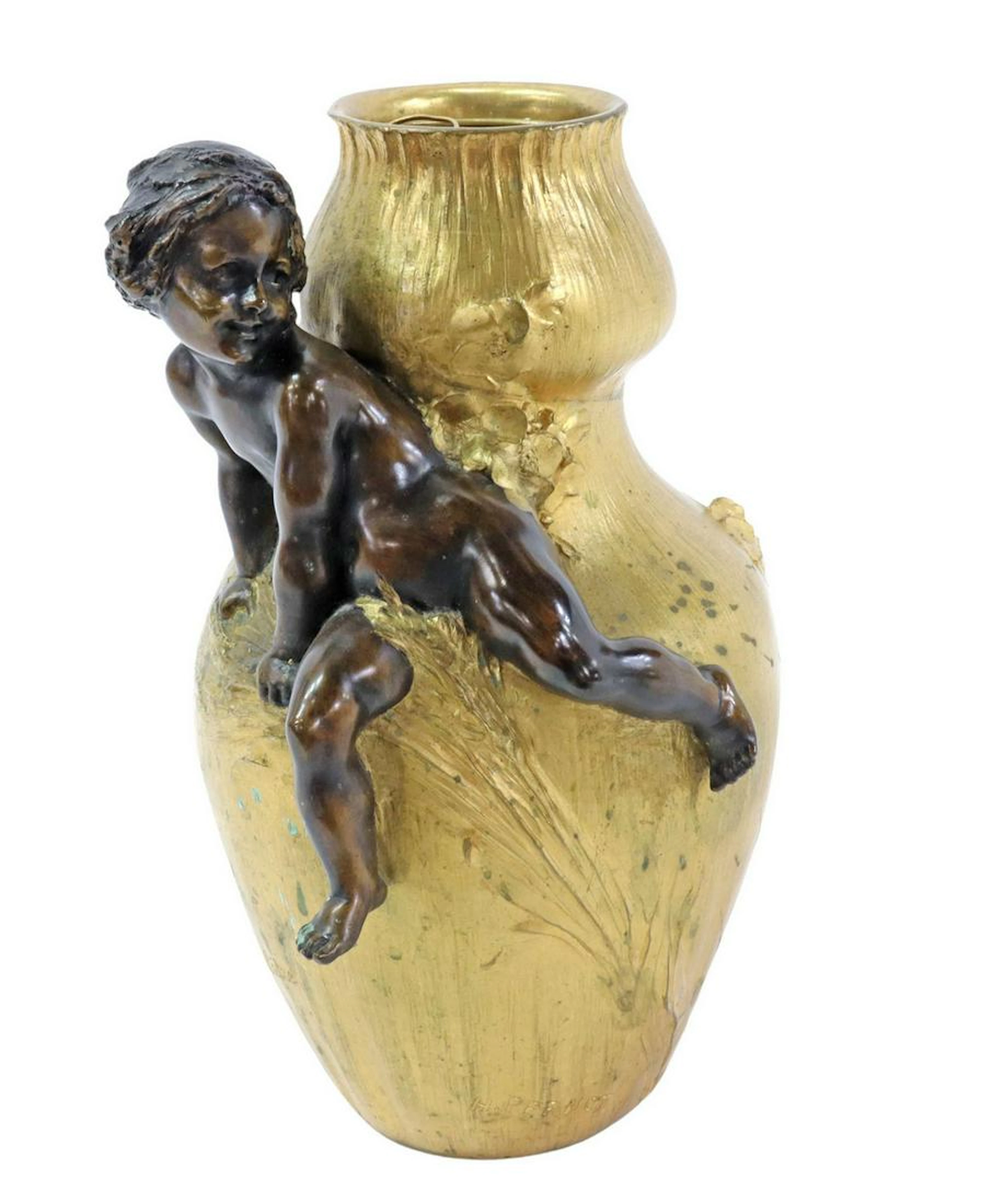 FRENCH BELLE EPOQUE BRONZE DORE & PATINE VASE