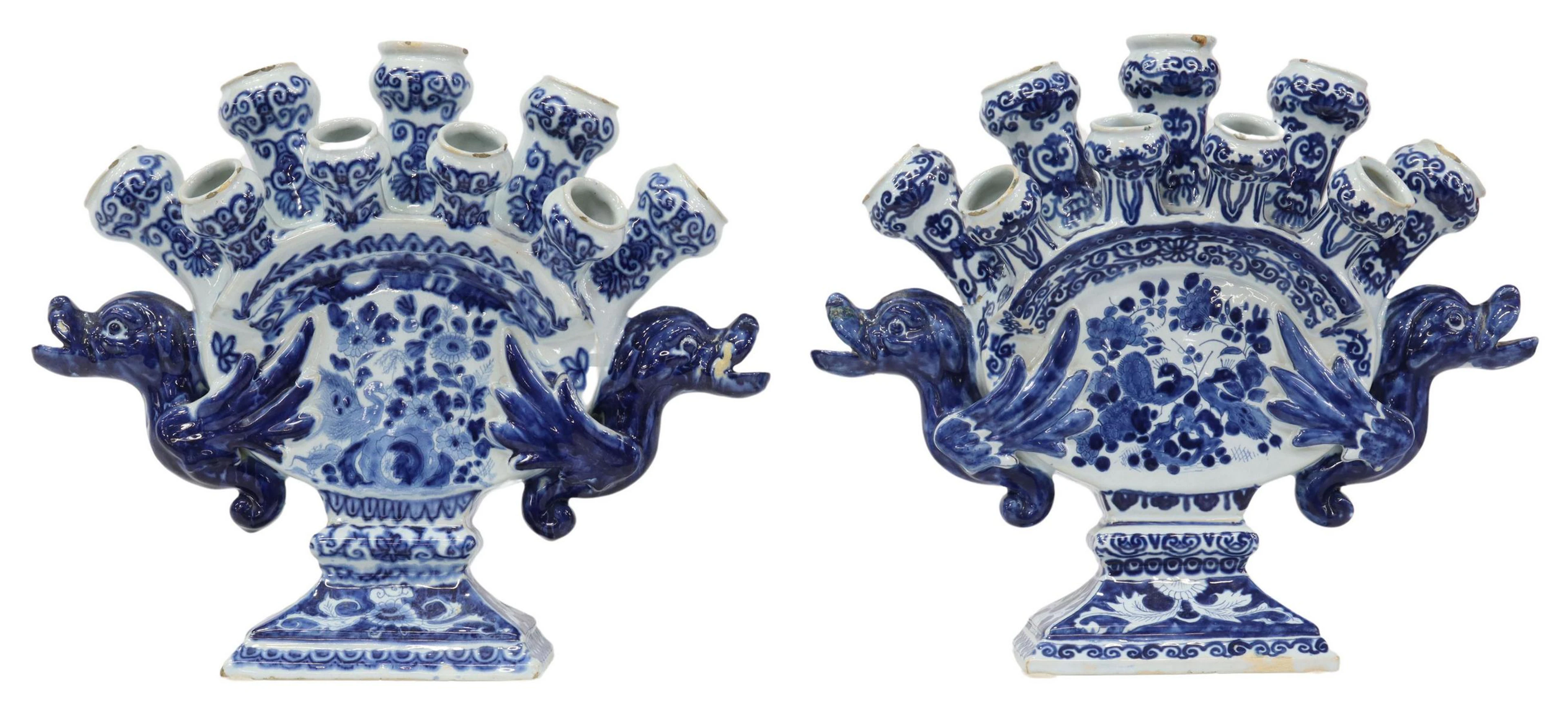 (2) DELFT BLUE & WHITE FAIENCE TULIPIERE VASES