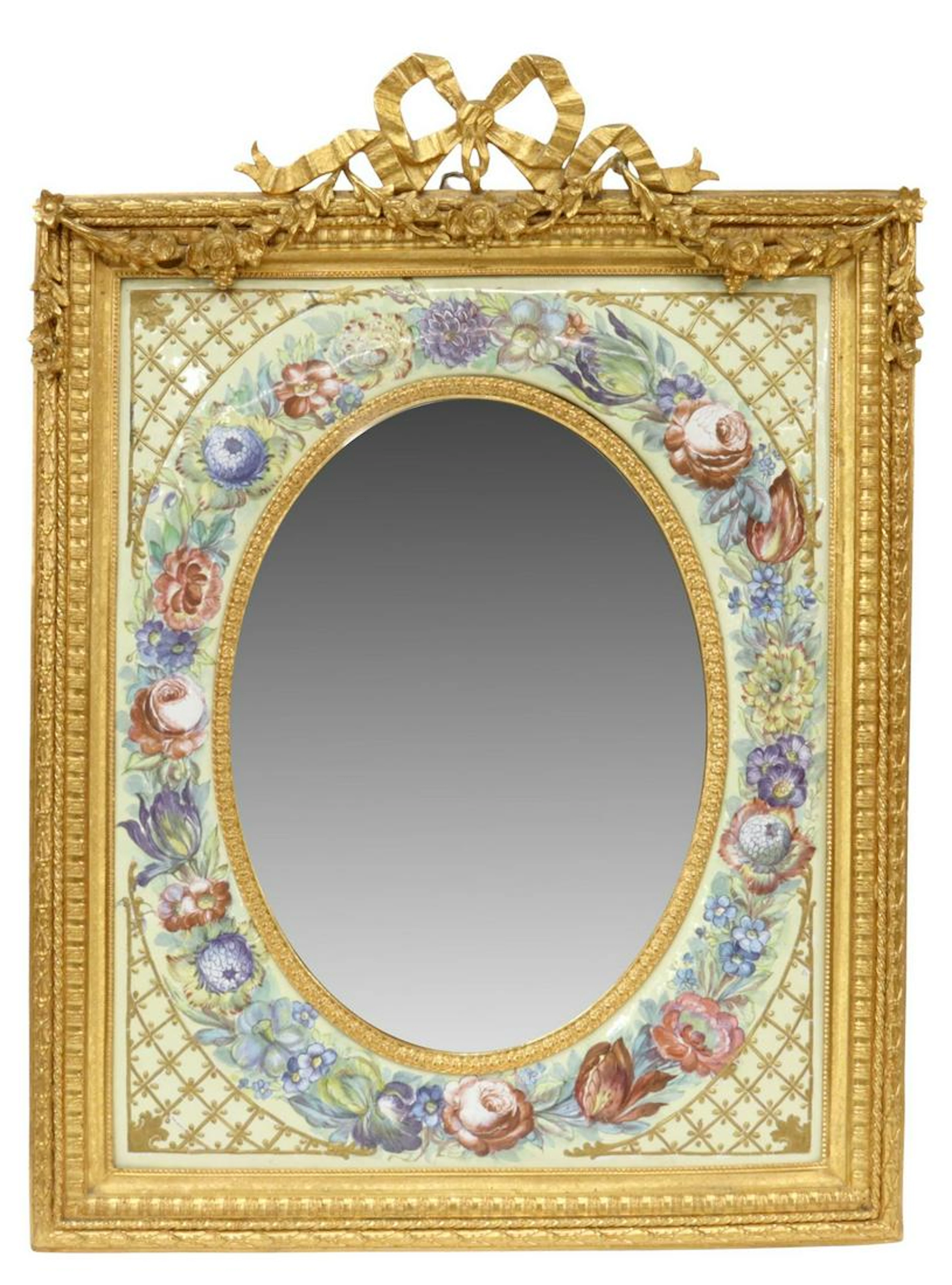 FRENCH DORE BRONZE & PAINTED ENAMEL MIRROR