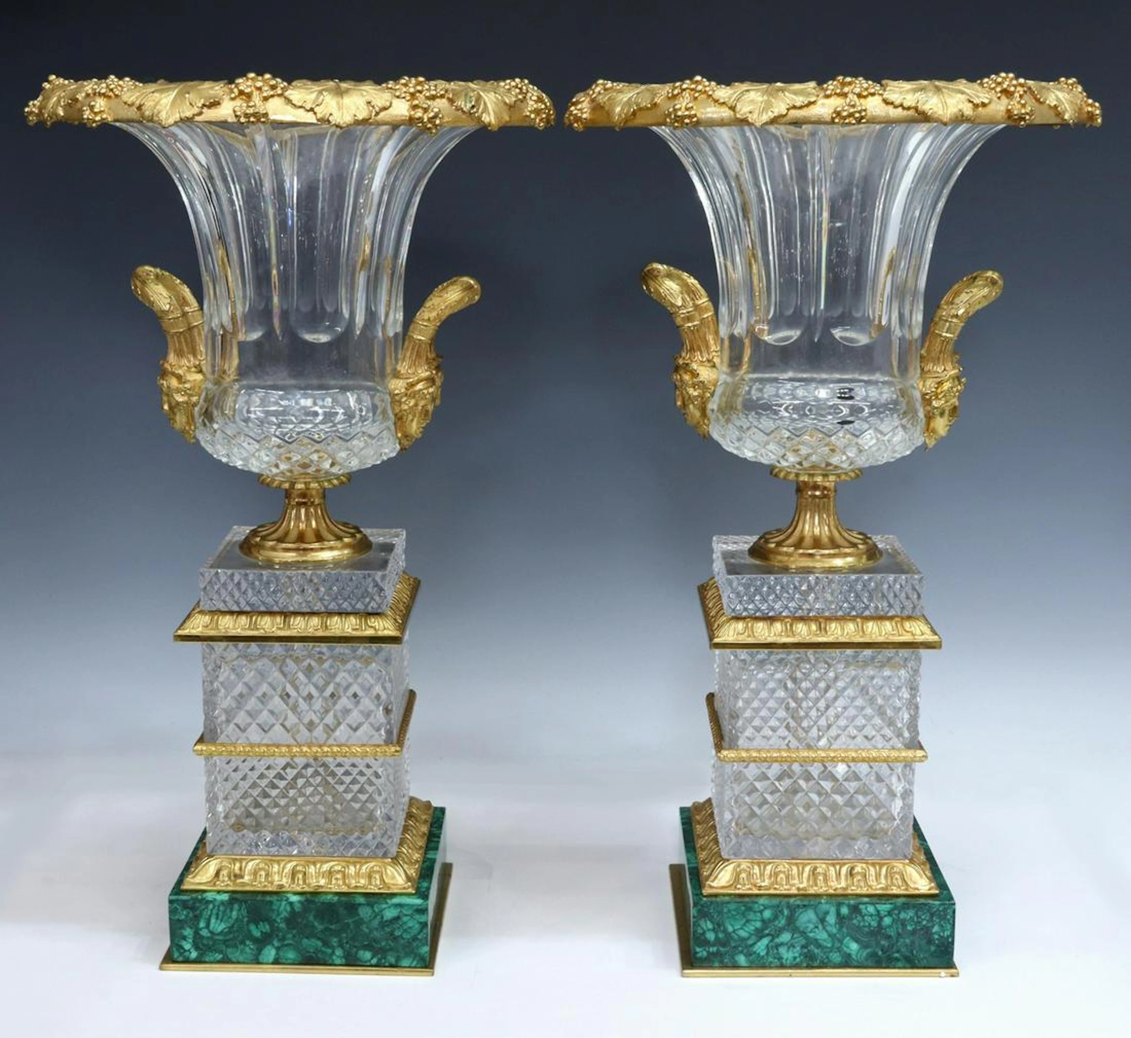 2)LARGE MOLDED CRYSTAL & GILT METAL GARNITURE URNS