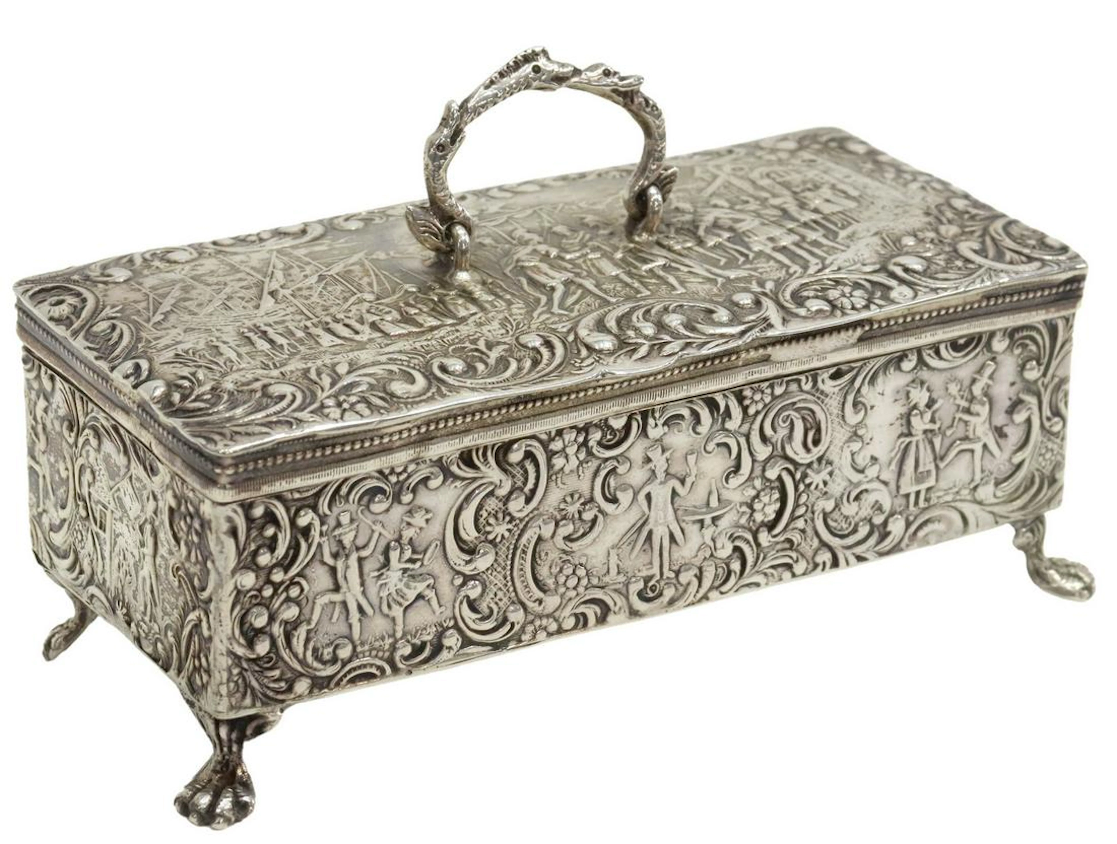 DUTCH 800 SILVER REPOUSSE JEWEL CASKET DRESSER BOX