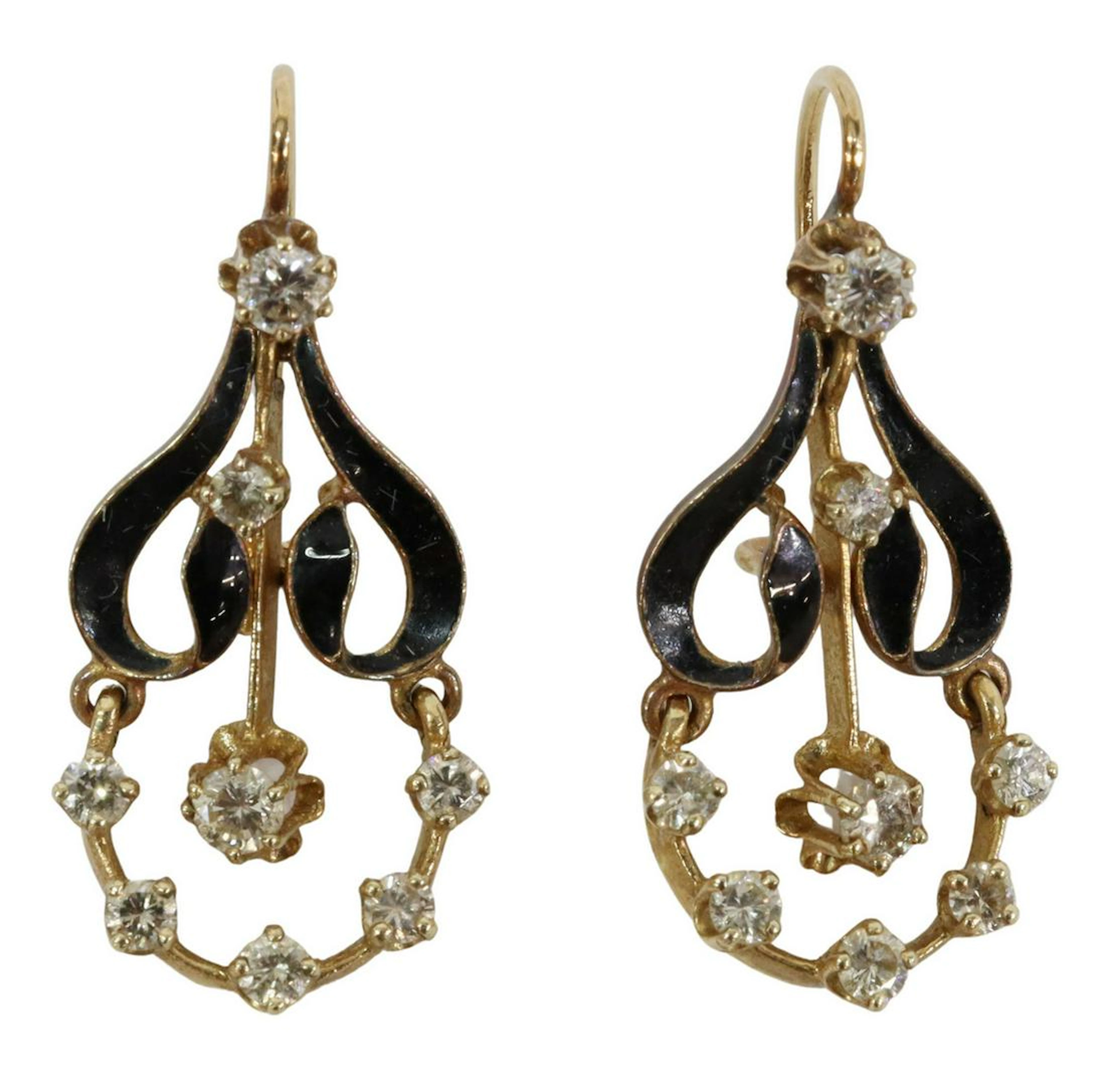 K. GOLDSCHMIDT 14KT GOLD ENAMEL DIAMOND EARRINGS