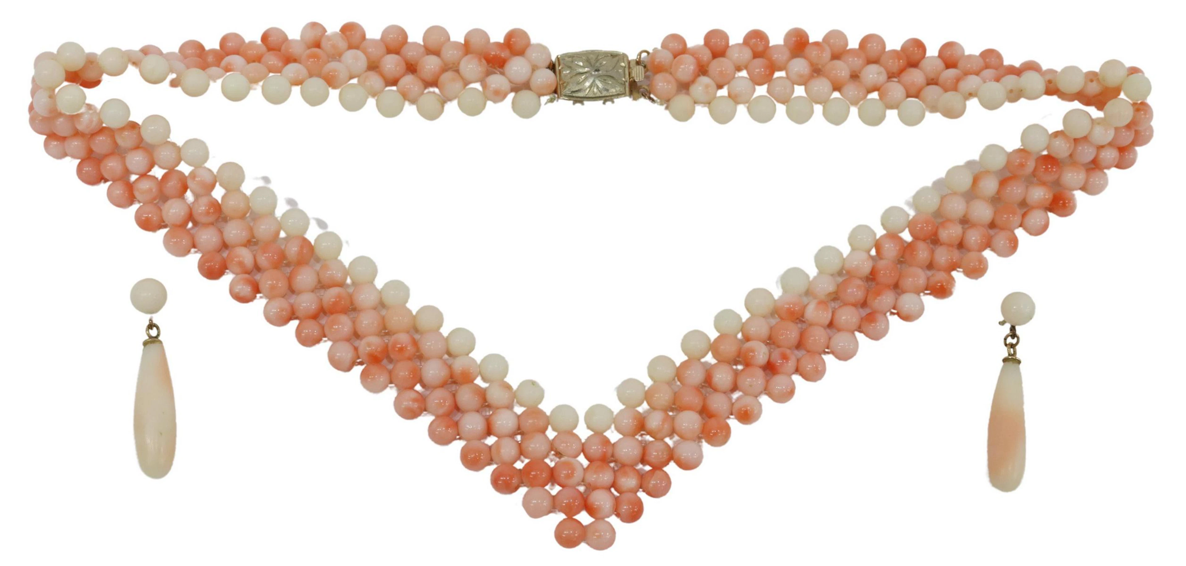 (2) WOVEN PINK CORAL BEADED NECKLACE & EARRINGS