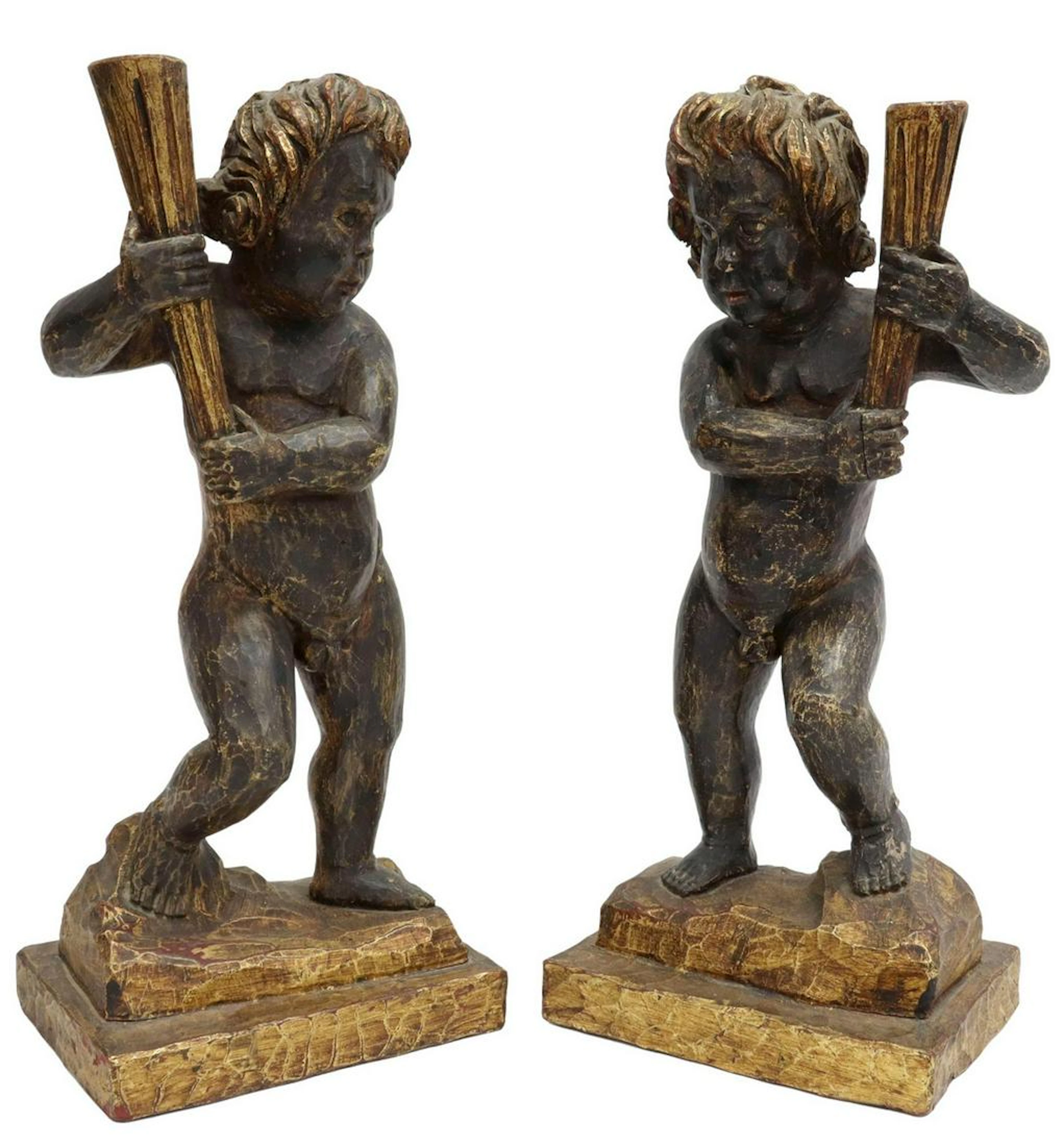 (2) SPANISH PARCEL GILT PUTTI TORCHIERE SCULPTURES