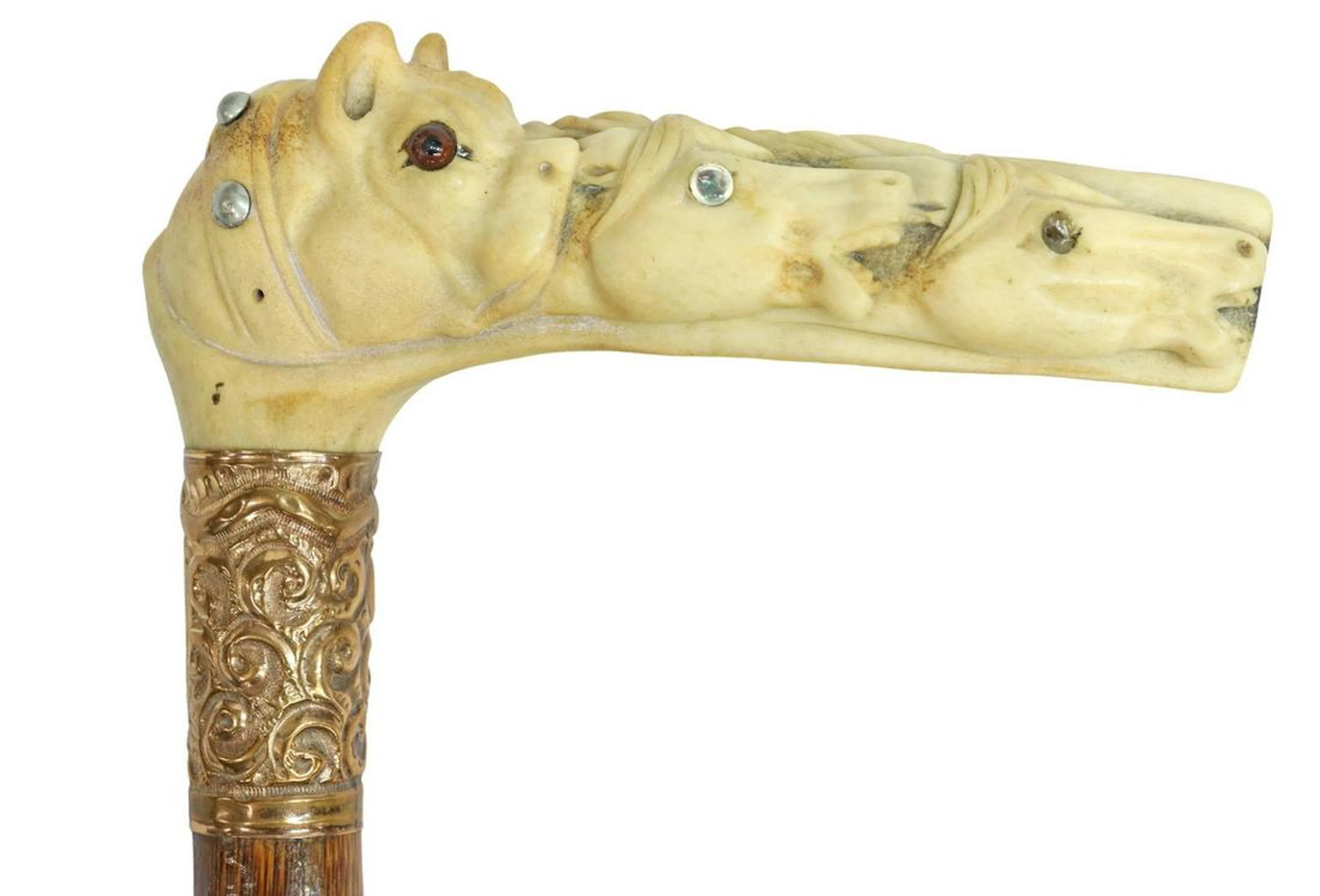 CARVED ANTLER DOG & HORSE HEADS CANE WALKING STICK